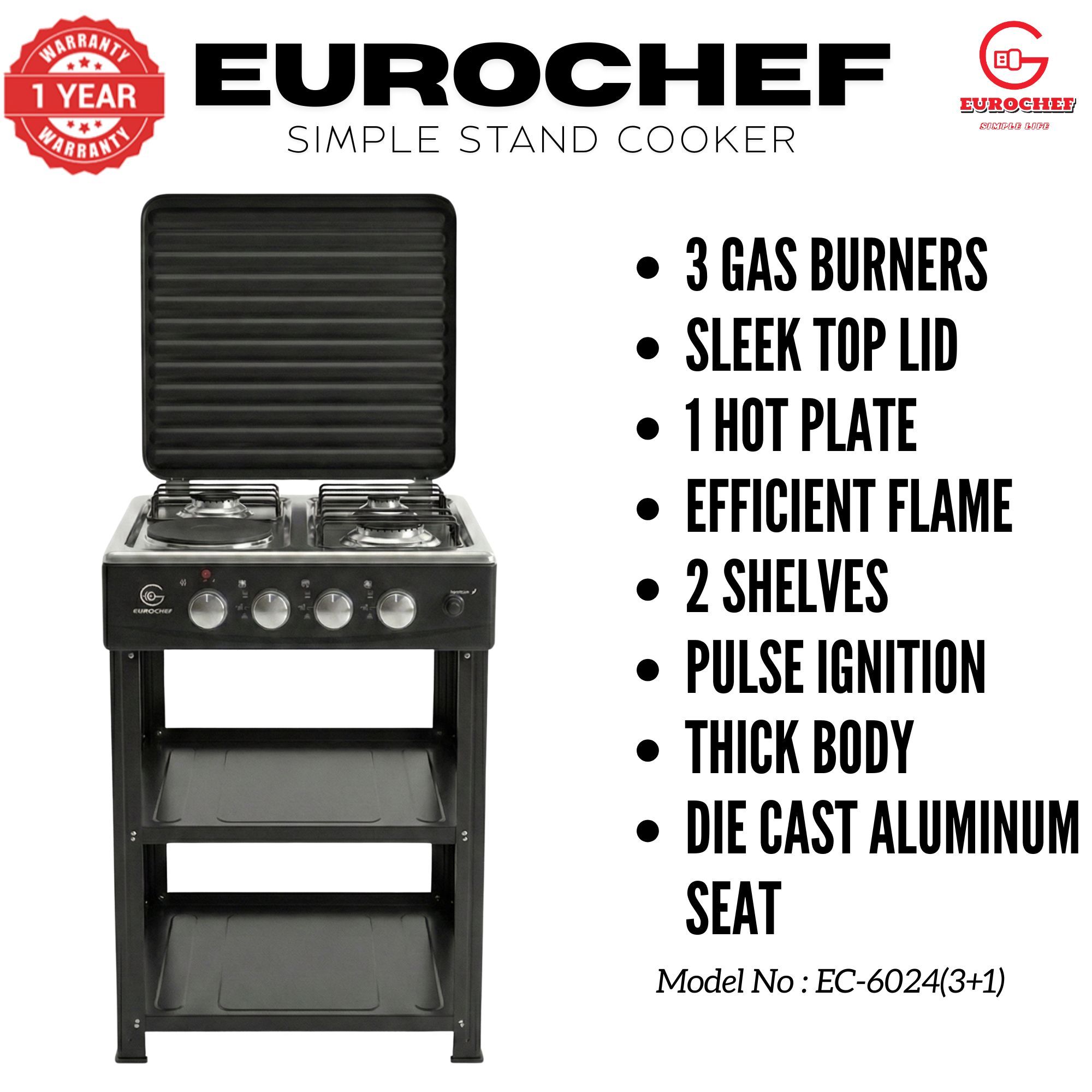 【Exclusive Offer】 EUROCHEF EC-6024(3+1) Simple Standing Cooker - 3 Gas Burners, 1 Electric Plate & Storage Shelves