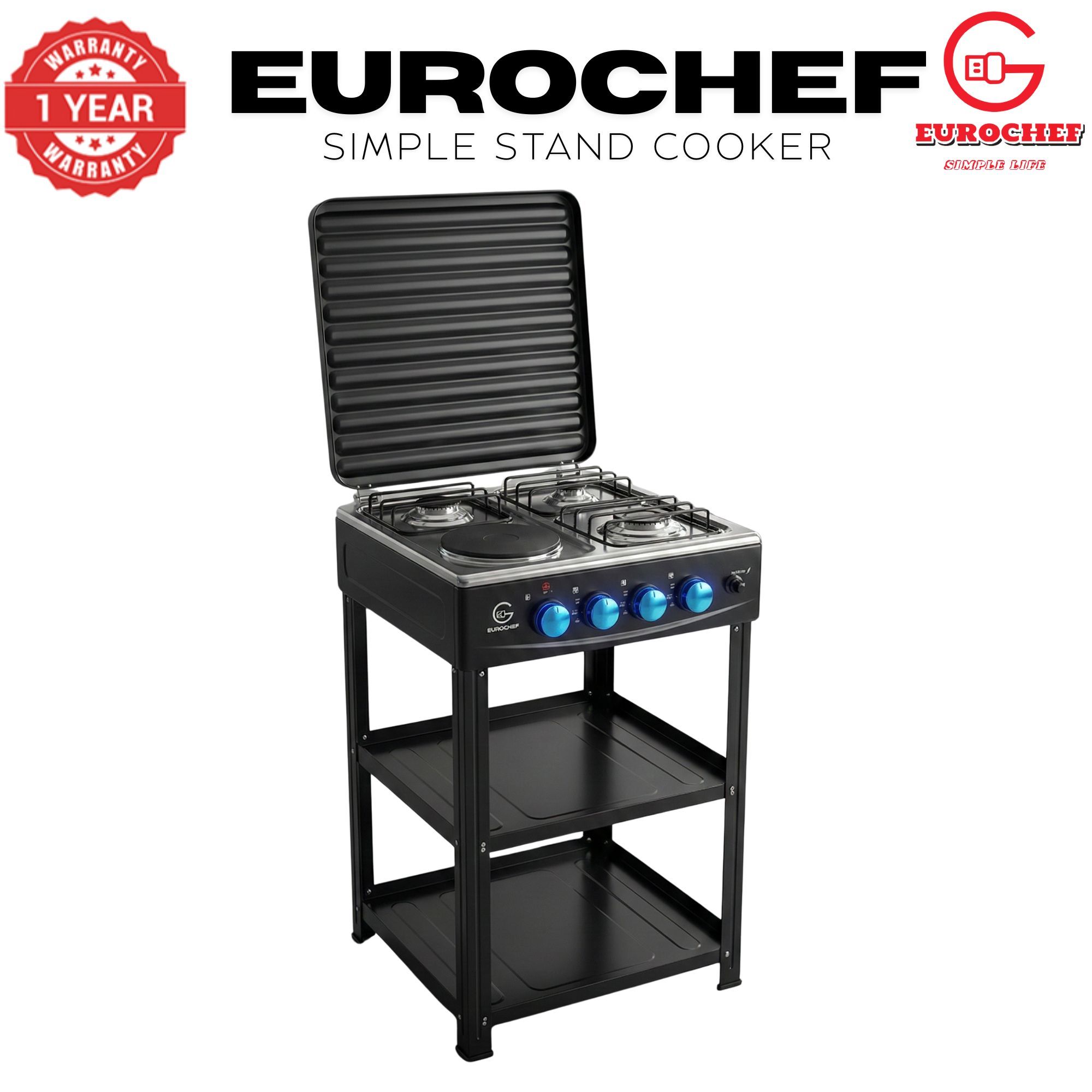 【Exclusive Offer】 EUROCHEF EC-6024(3+1) Simple Standing Cooker - 3 Gas Burners, 1 Electric Plate & Storage Shelves