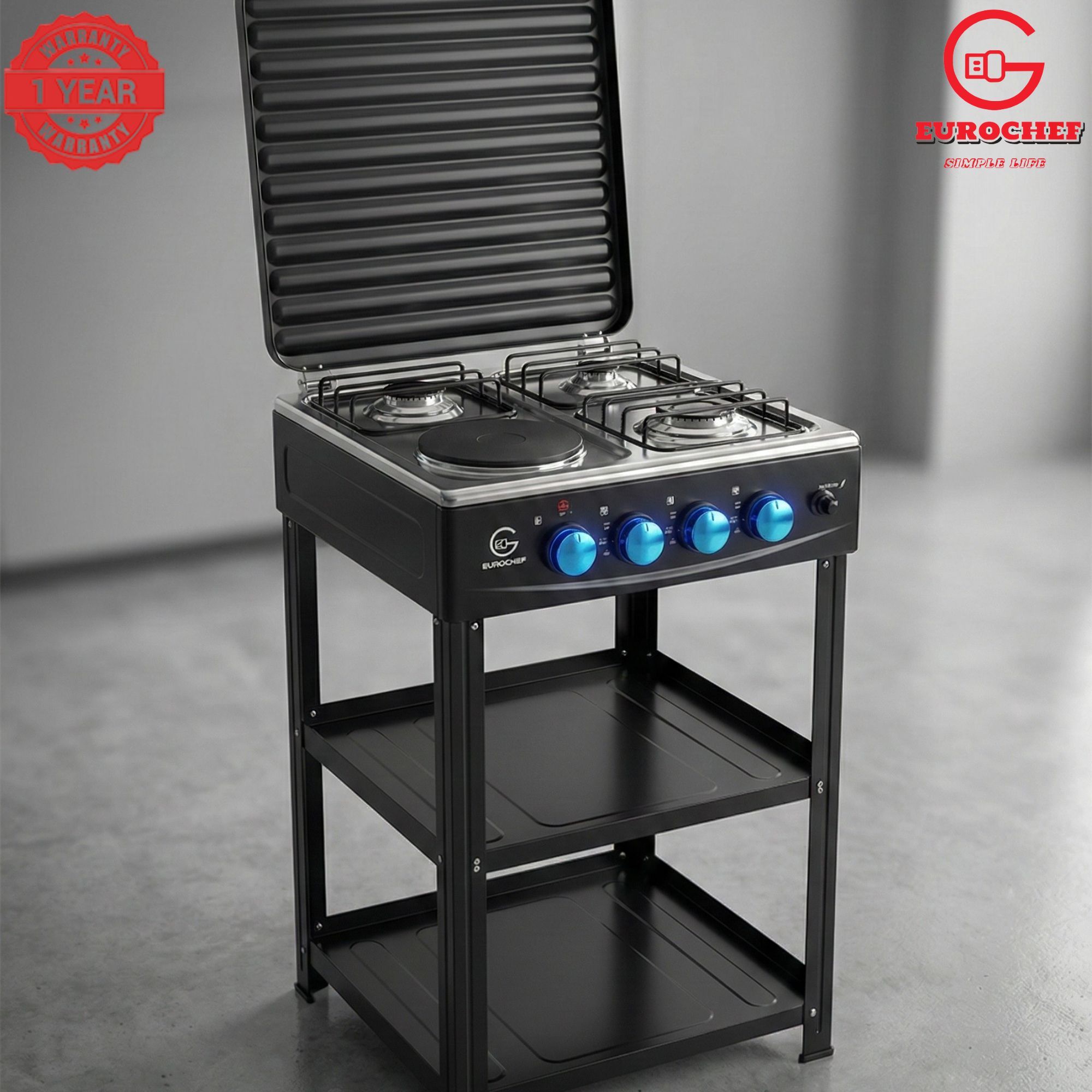 【Exclusive Offer】 EUROCHEF EC-6024(3+1) Simple Standing Cooker - 3 Gas Burners, 1 Electric Plate & Storage Shelves