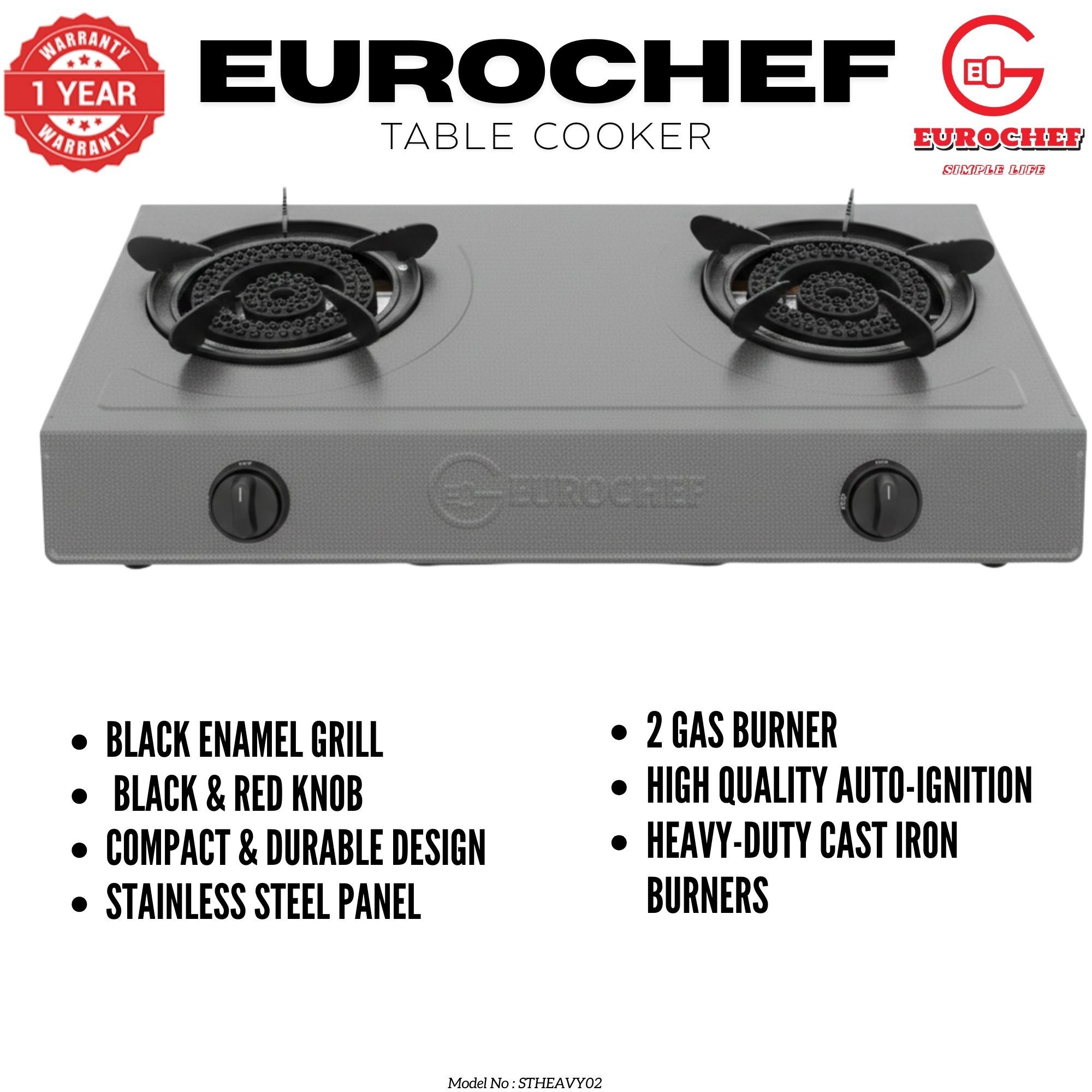 【Limited Offer】Eurochef ST-HEAVY02 Heavy Duty Gas Cooker with Cast Iron Burners, Stainless Steel Panel & Auto Ignition