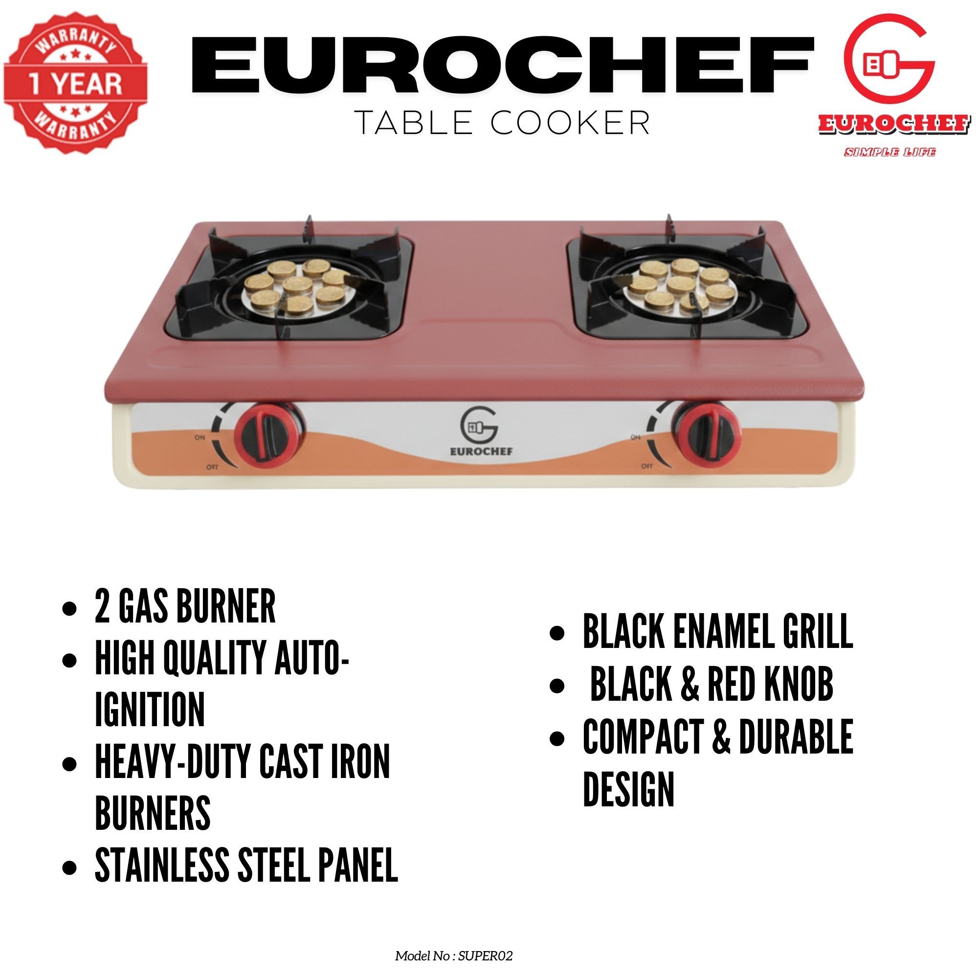 【Limited OfferEurochef ST-SUPER02 Heavy Duty Gas Cooker with Cast Iron Burners, Stainless Steel Panel & Auto Ignition