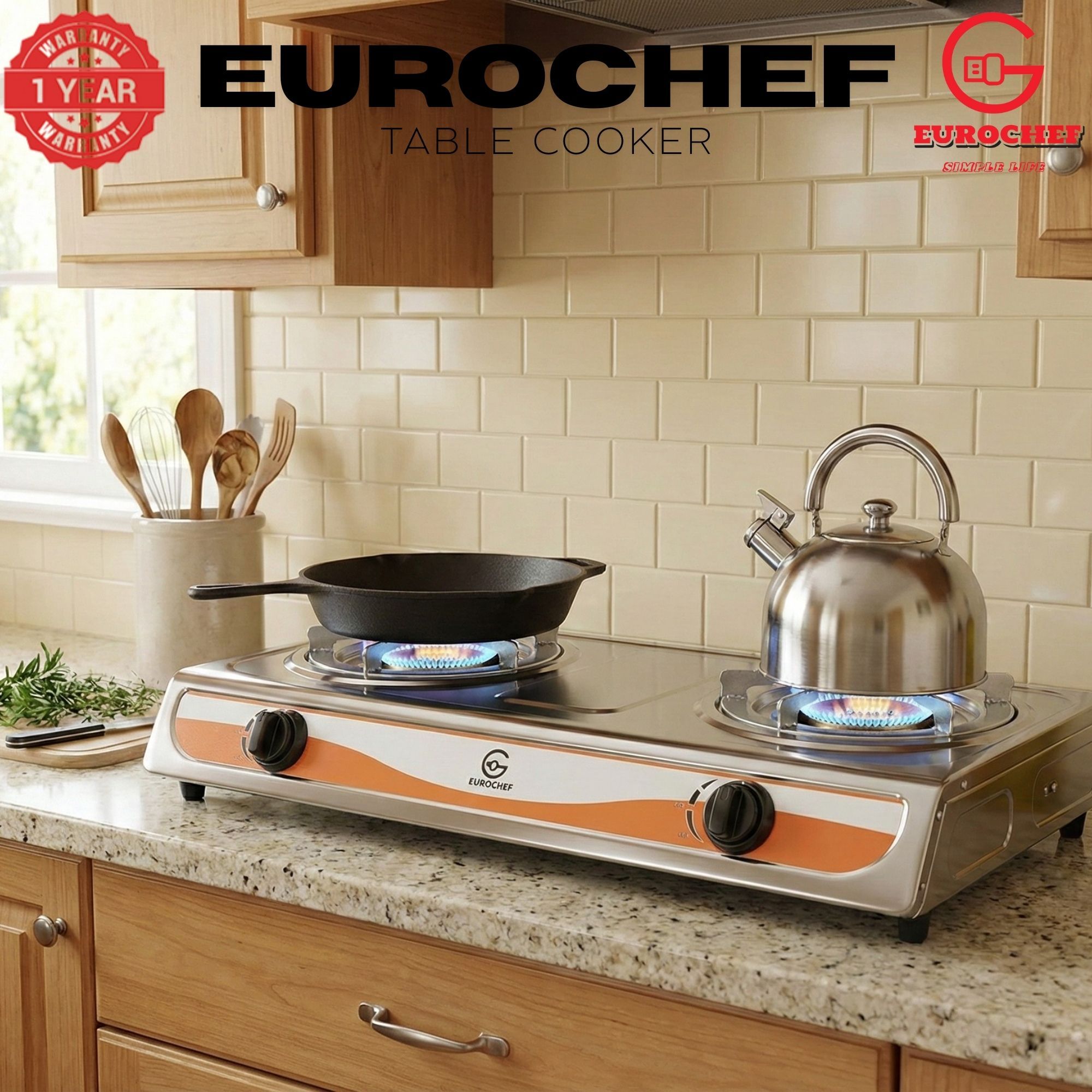 【Limited Offer】Eurochef  ST-G002W Table Top Stainless Steel 2 Burner Kitchen Appliance Cooktop Gas Cooker