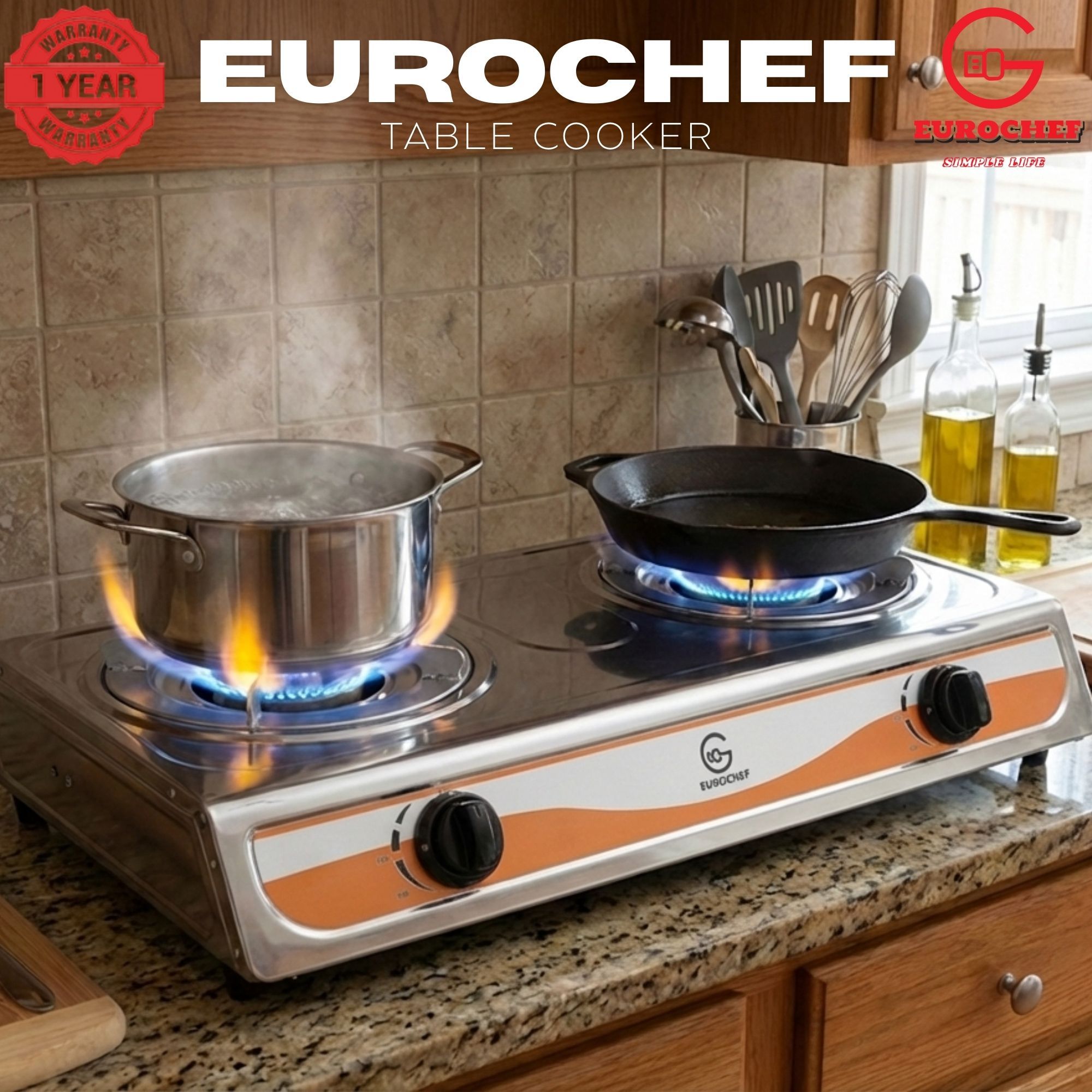 【Limited Offer】Eurochef  ST-G002W Table Top Stainless Steel 2 Burner Kitchen Appliance Cooktop Gas Cooker