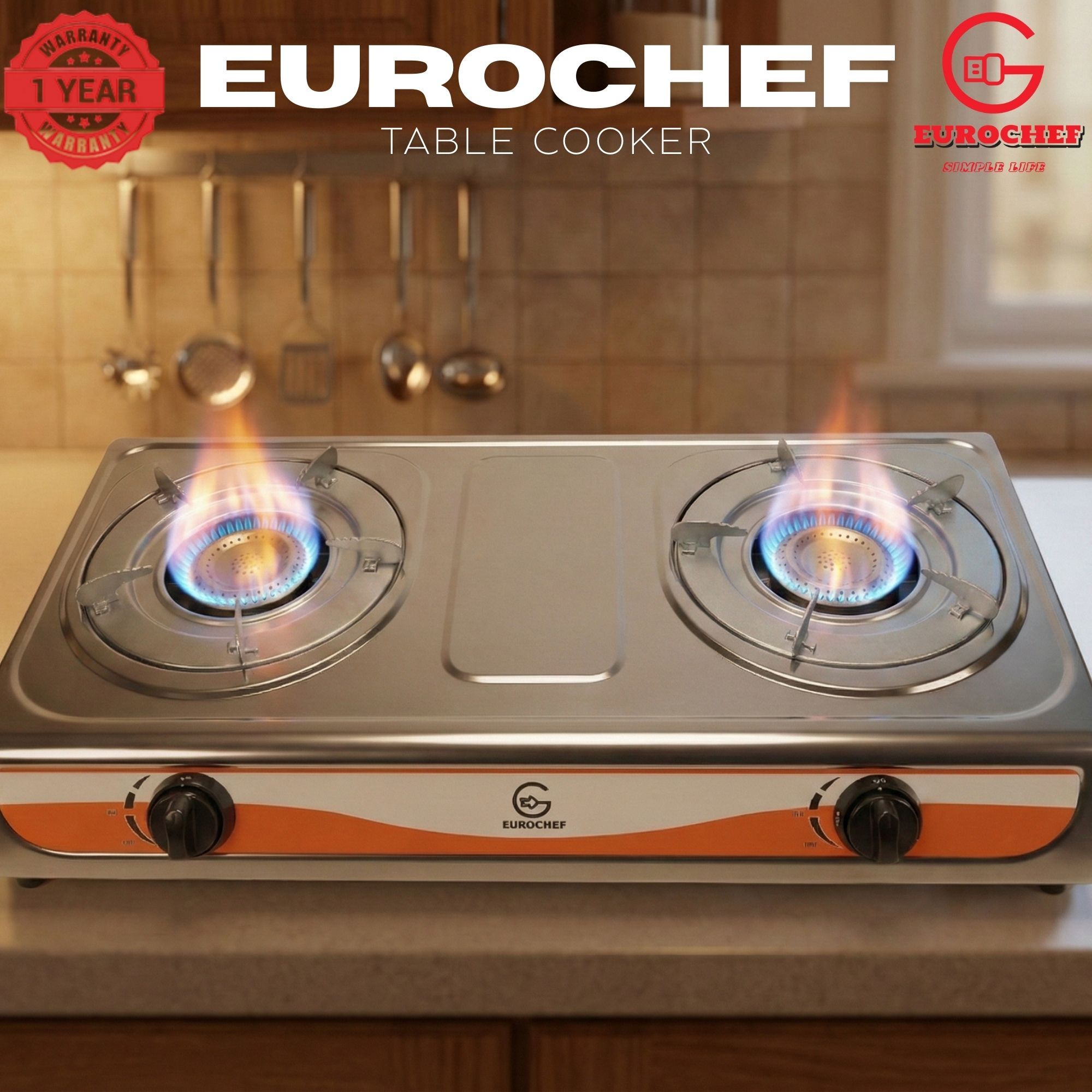 【Limited Offer】Eurochef  ST-G002W Table Top Stainless Steel 2 Burner Kitchen Appliance Cooktop Gas Cooker