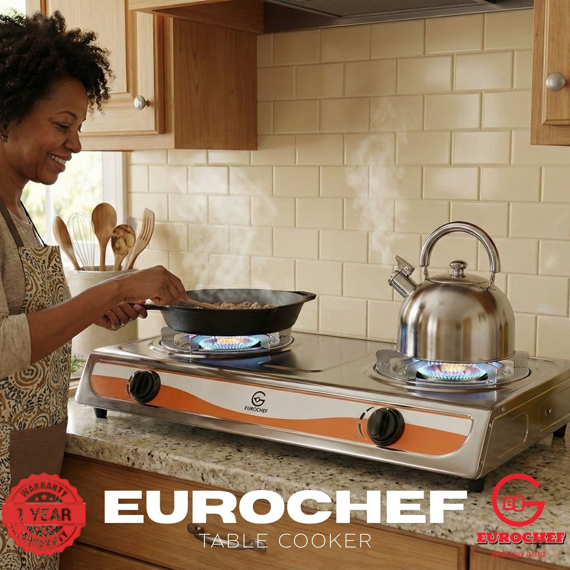 【Limited Offer】Eurochef  ST-G002W Table Top Stainless Steel 2 Burner Kitchen Appliance Cooktop Gas Cooker