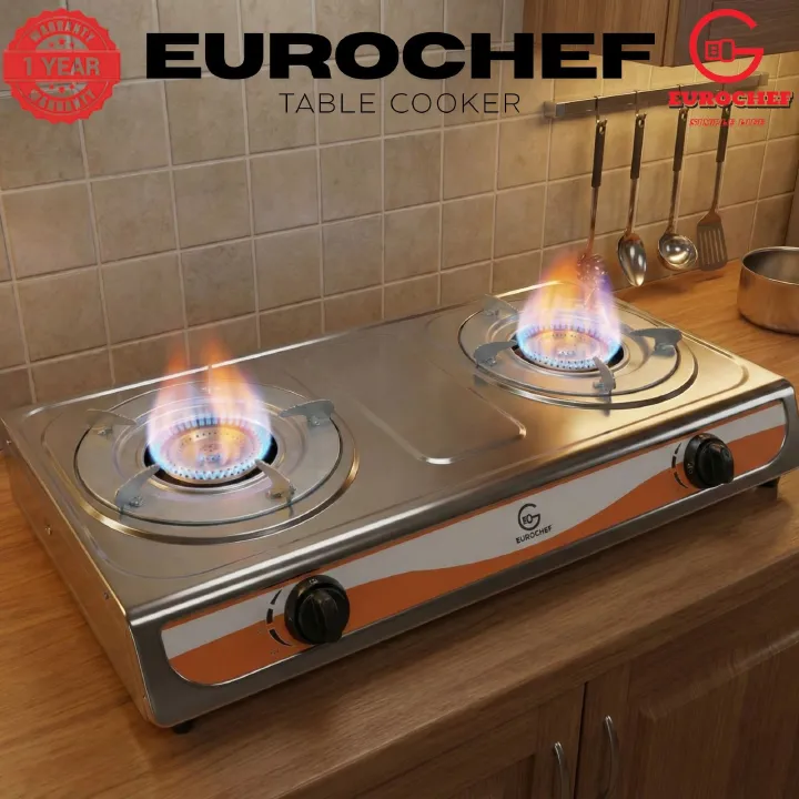 【Limited Offer】Eurochef  ST-G002W Table Top Stainless Steel 2 Burner Kitchen Appliance Cooktop Gas Cooker
