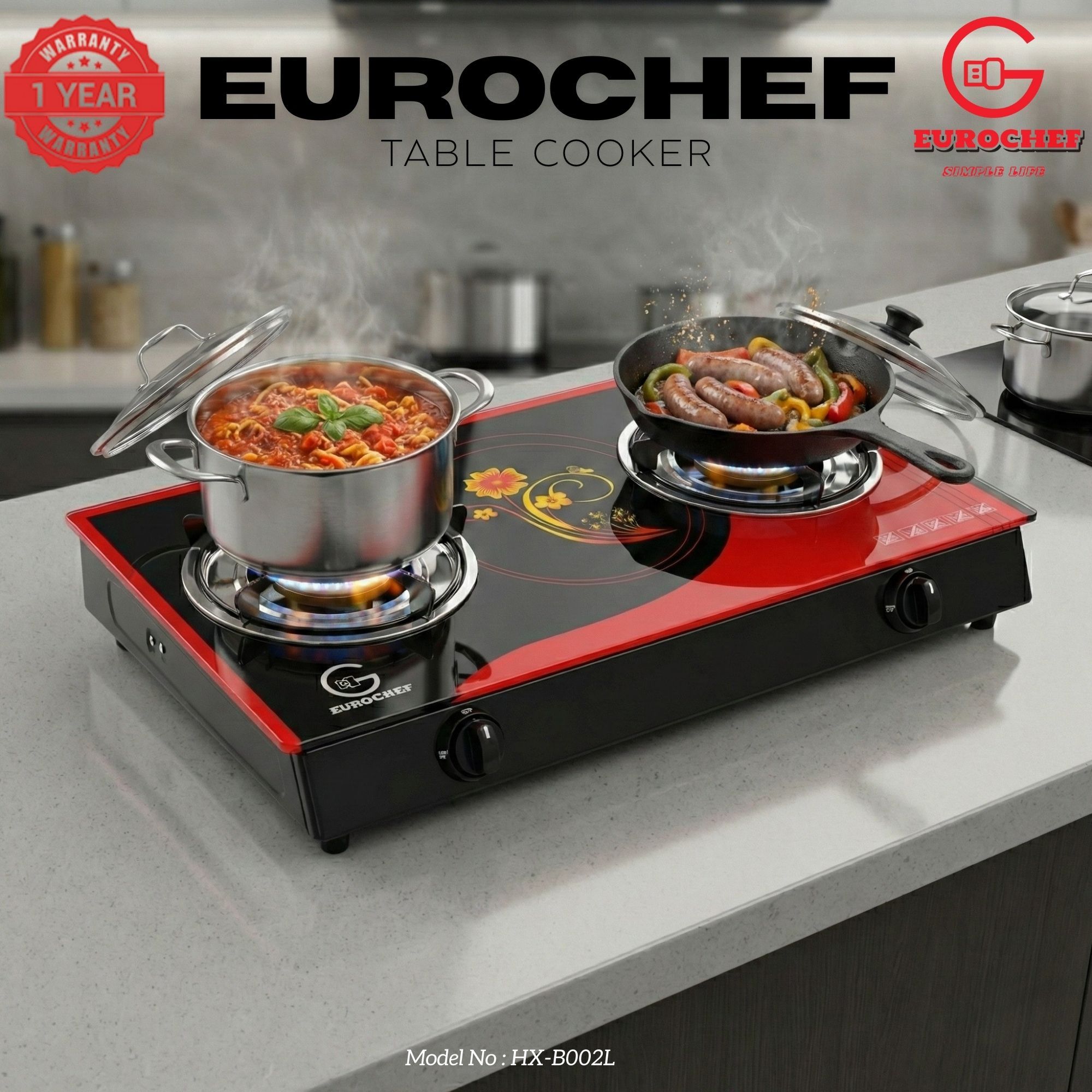 【Limited Offer】 EUROCHEF HX-B002L Two Burner Glass Top Table Gas Cooker Red