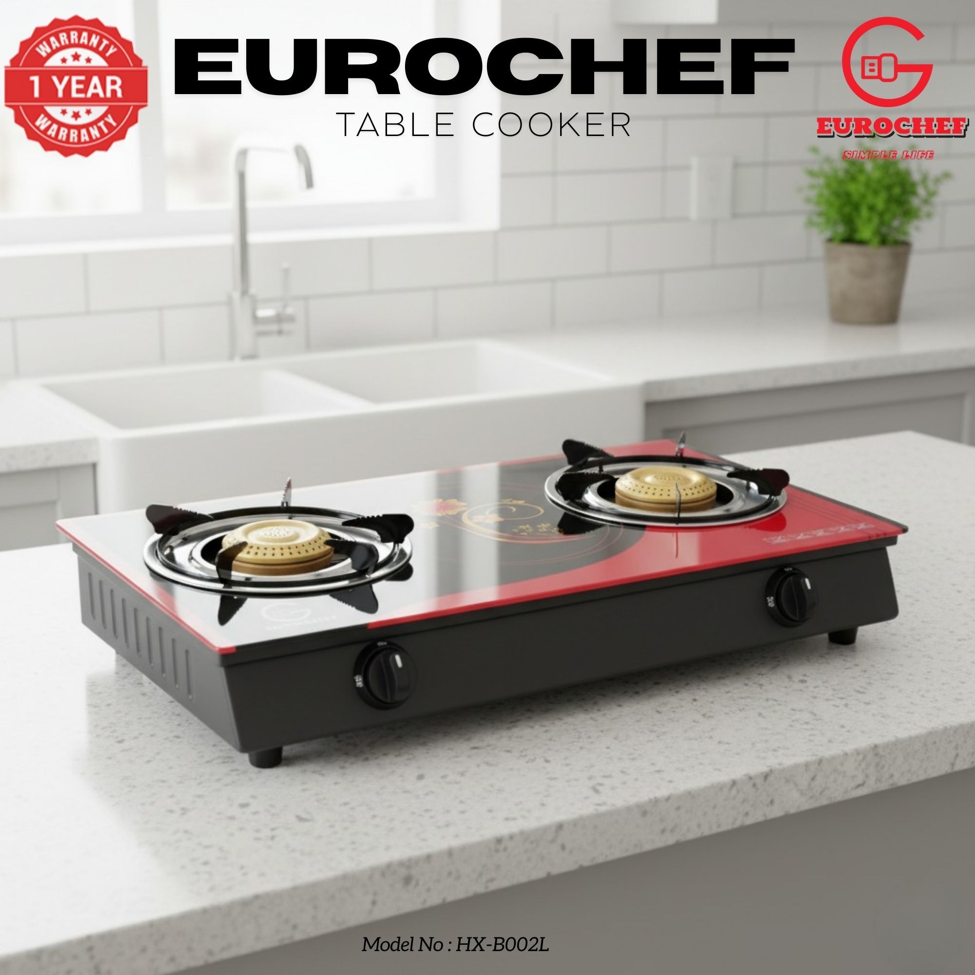 【Limited Offer】 EUROCHEF HX-B002L Two Burner Glass Top Table Gas Cooker Red