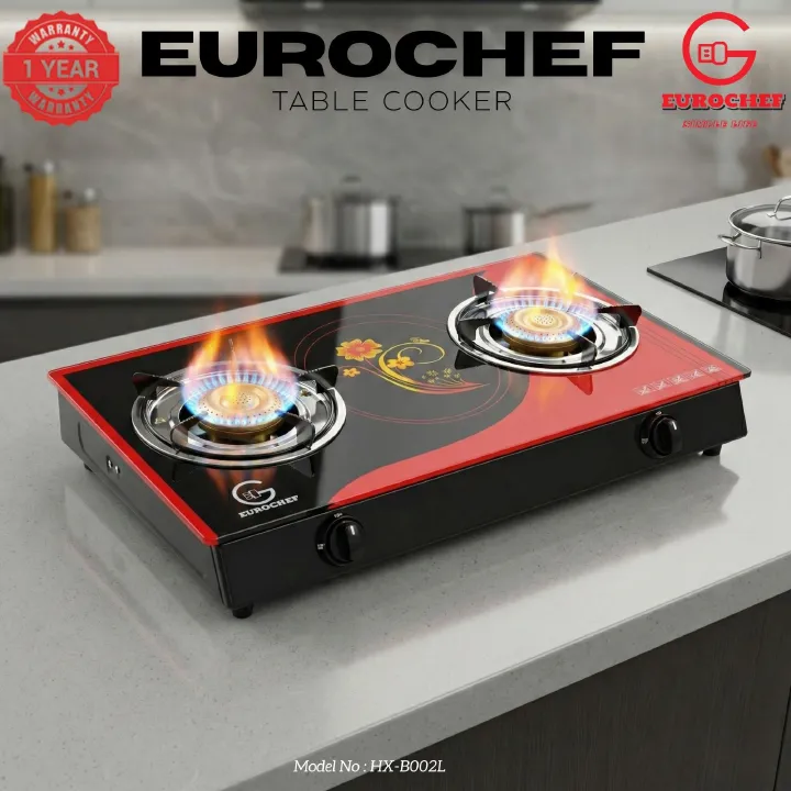 【Limited Offer】 EUROCHEF HX-B002L Two Burner Glass Top Table Gas Cooker Red