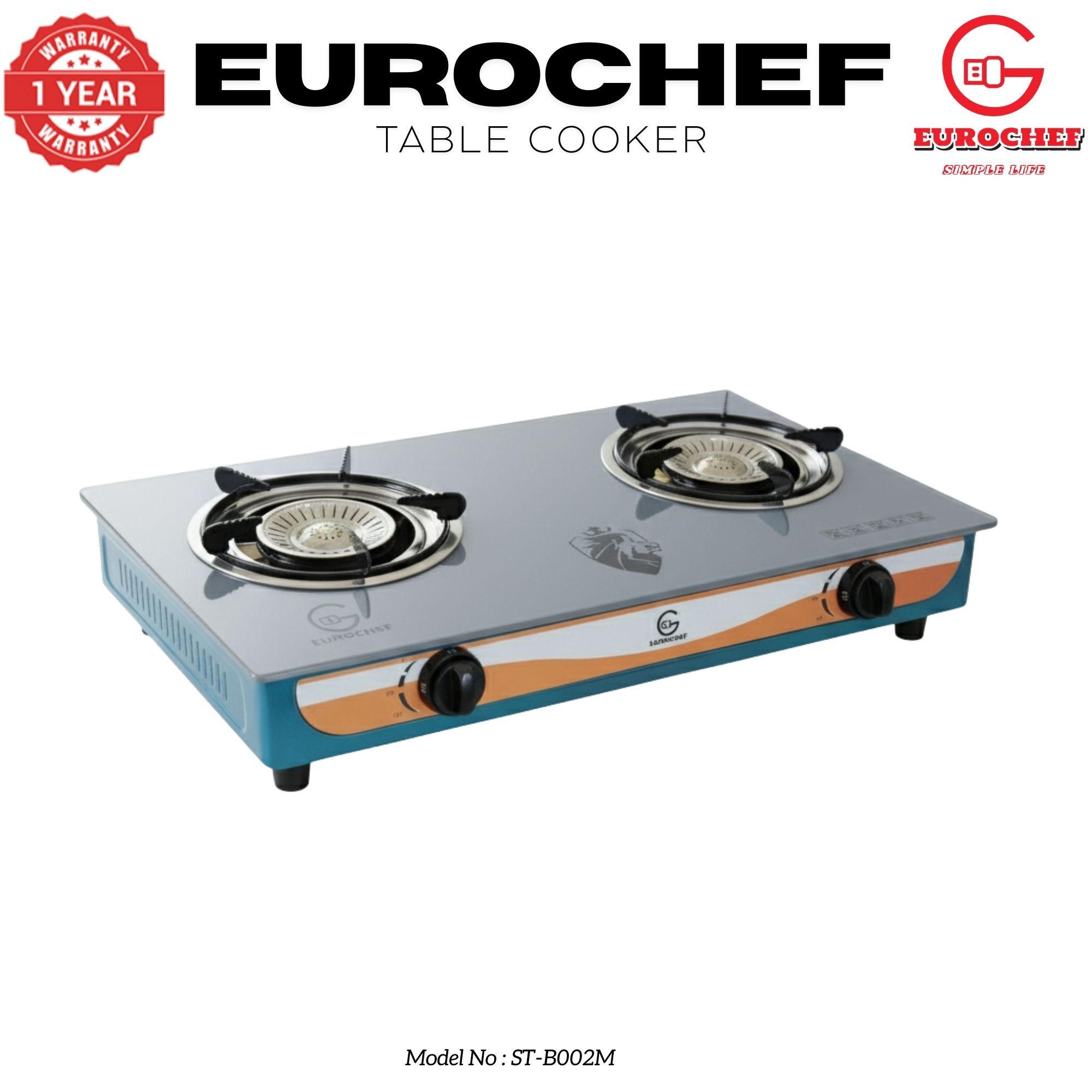 【Limited Offer】EUROCHEF ST-B002M Tornado Design Burner Two Burner Glass Top Table Gas Cooker -Grey