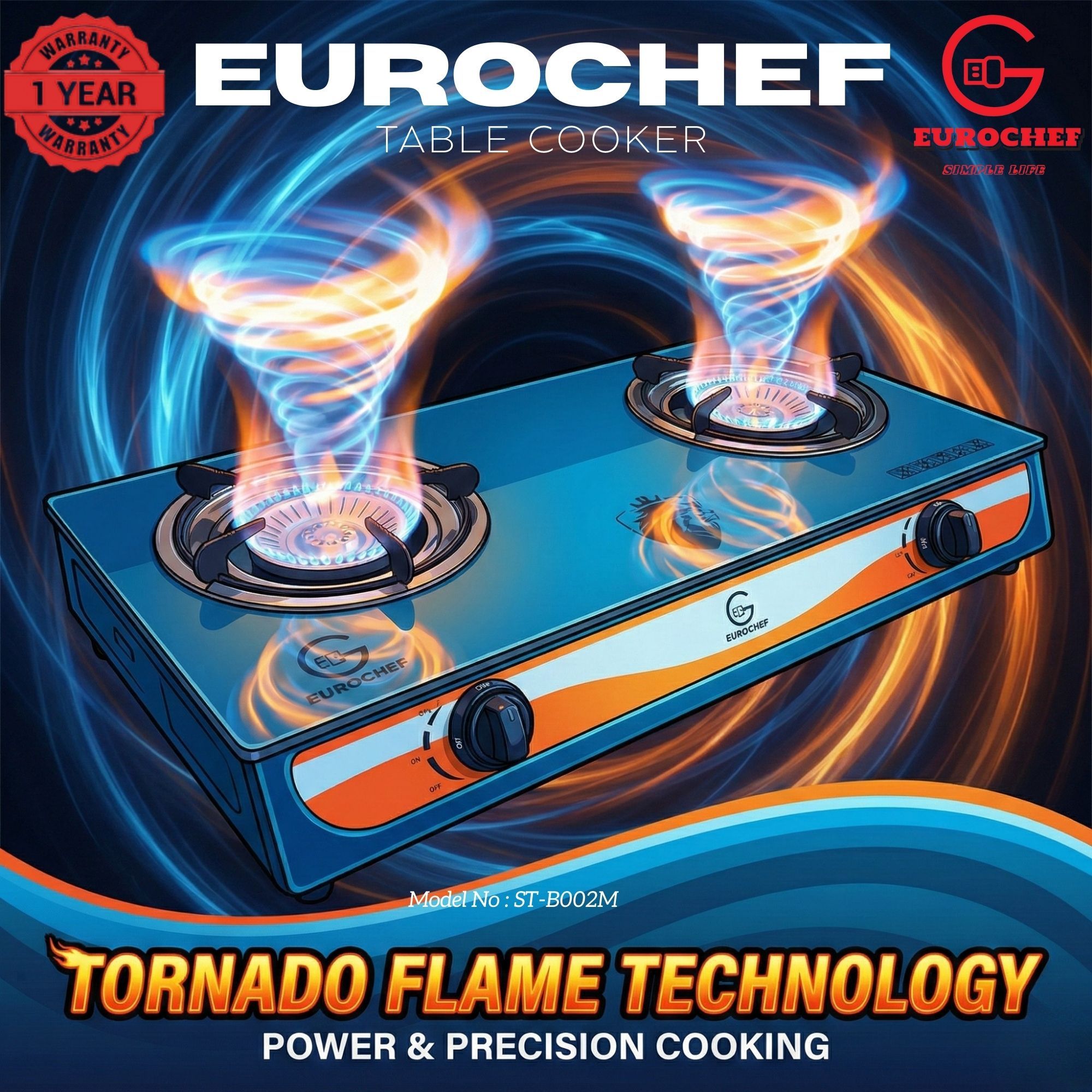 【Limited Offer】EUROCHEF ST-B002M Tornado Design Burner Two Burner Glass Top Table Gas Cooker -Grey