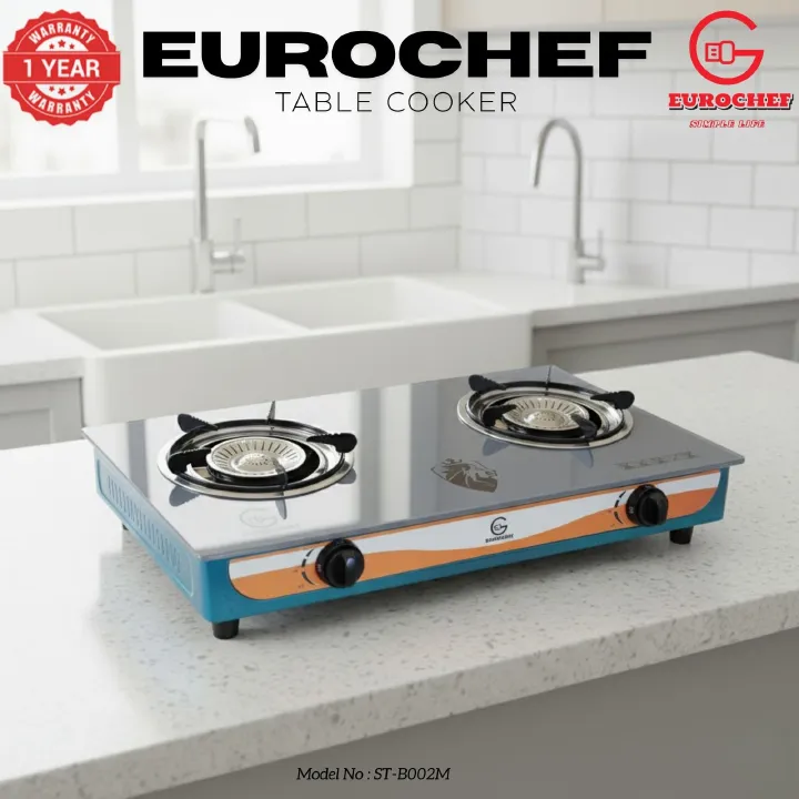 【Limited Offer】EUROCHEF ST-B002M Tornado Design Burner Two Burner Glass Top Table Gas Cooker -Grey