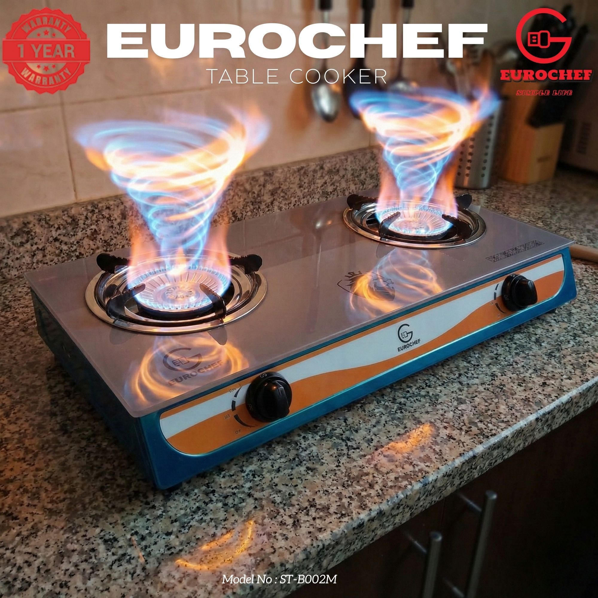 【Limited Offer】EUROCHEF ST-B002M Tornado Design Burner Two Burner Glass Top Table Gas Cooker -Grey