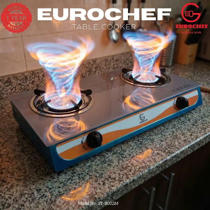 【Limited Offer】EUROCHEF ST-B002M Tornado Design Burner Two Burner Glass Top Table Gas Cooker -Grey