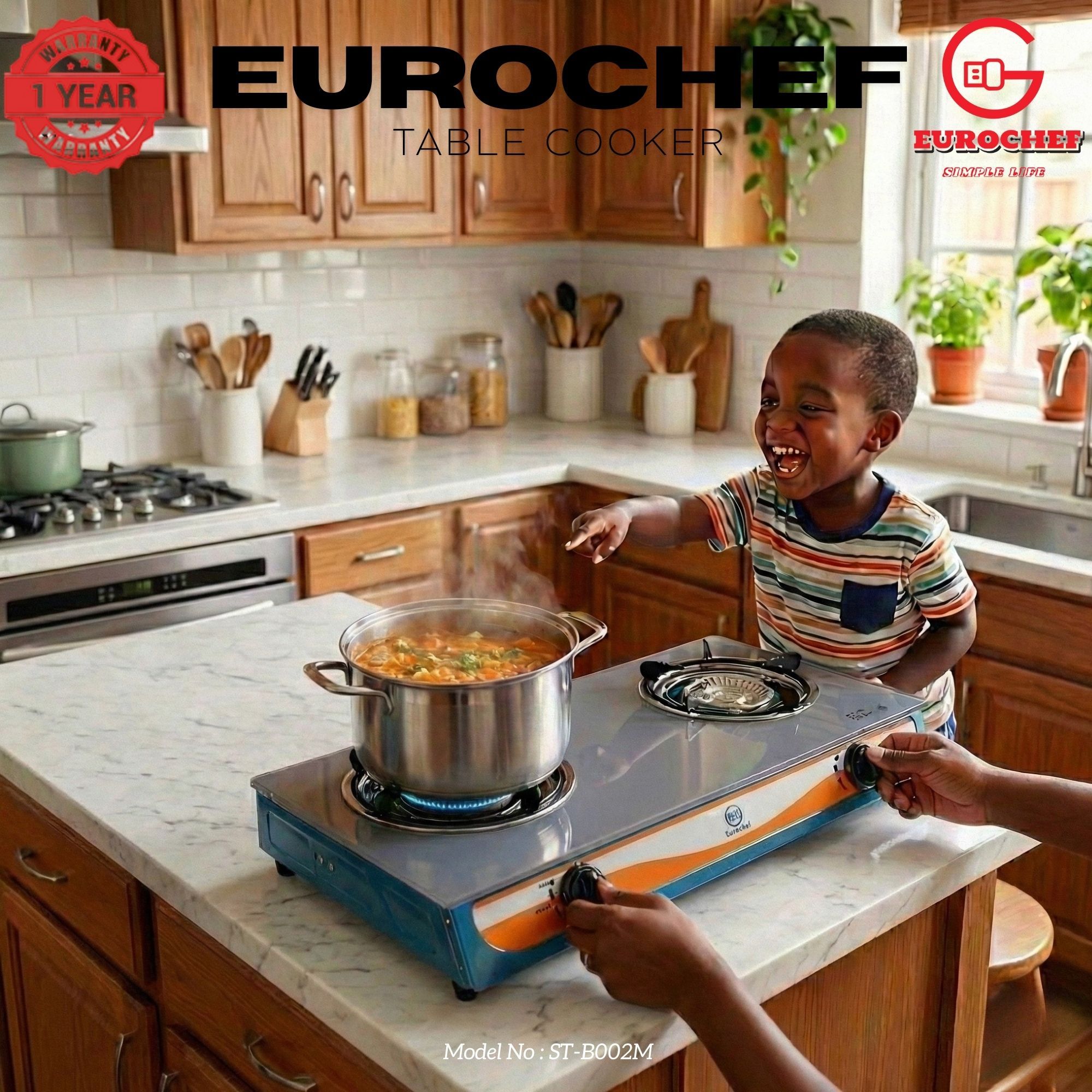 【Limited Offer】EUROCHEF ST-B002M Tornado Design Burner Two Burner Glass Top Table Gas Cooker -Grey