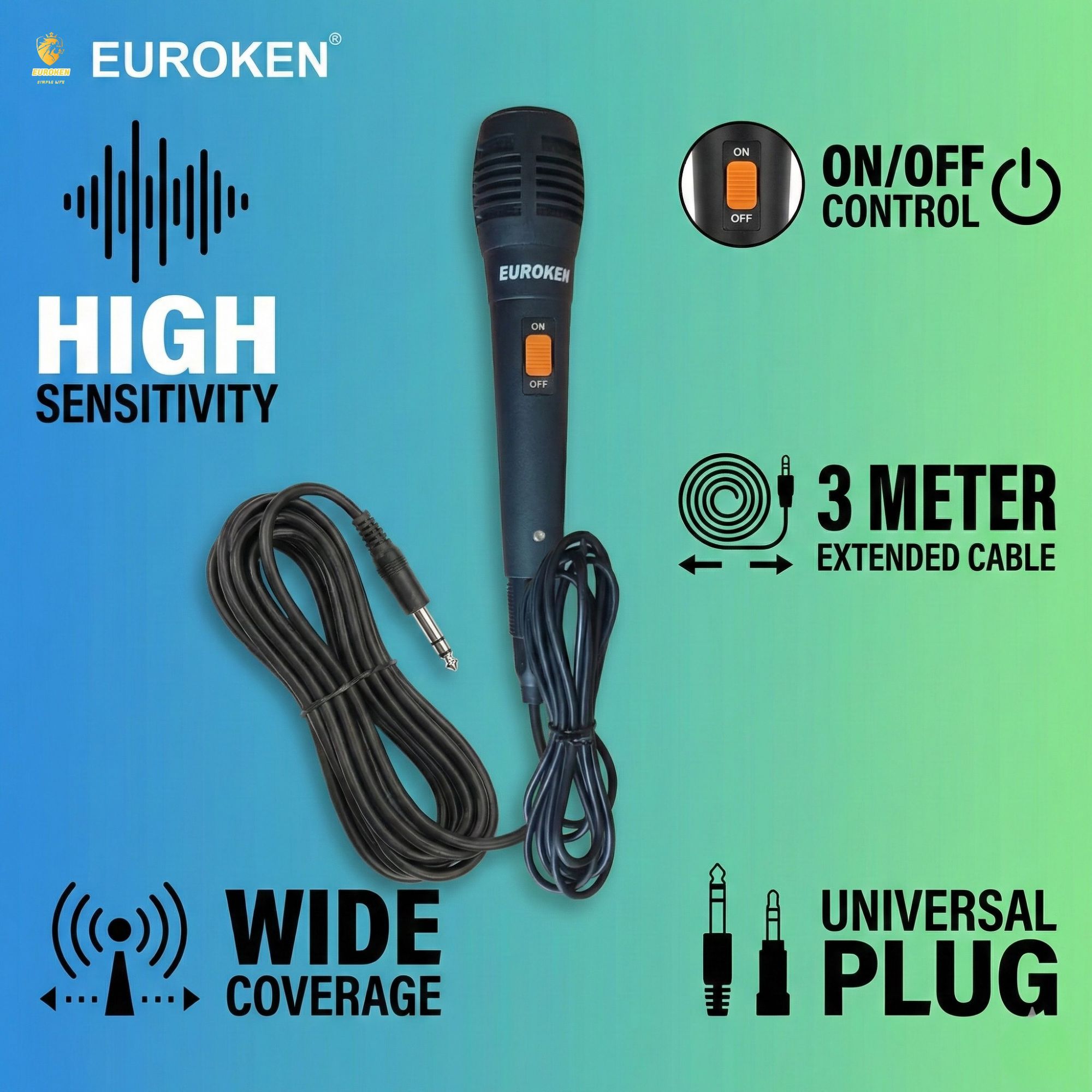 Euroken EK-61 Wired Microphone - High Sensitivity - 3M Long Cable - Black
