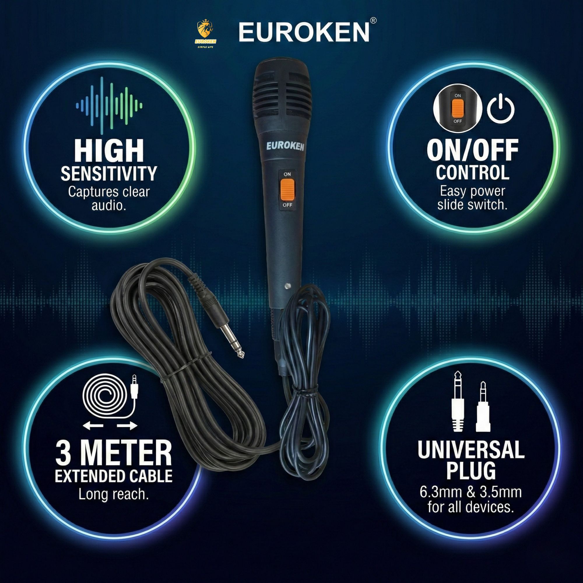 Euroken EK-61 Wired Microphone - High Sensitivity - 3M Long Cable - Black