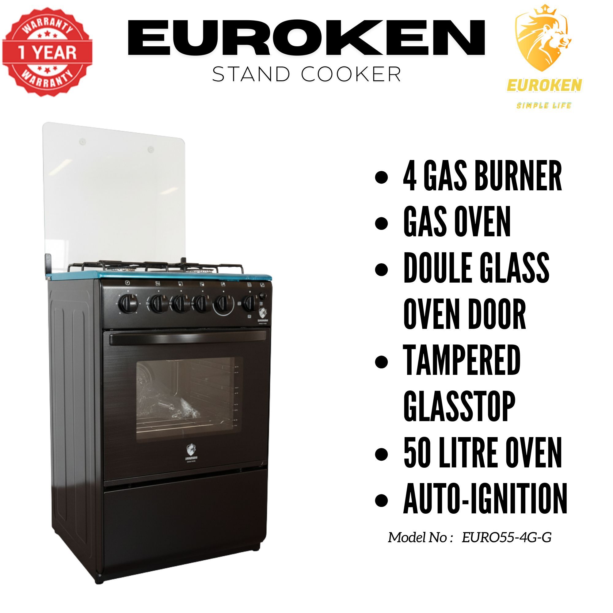 【LIMITED OFFER】Euroken Euro55-4G-G 50L Home Improvement Free Standing Full Gas Cooker Kitchen Appliance With Gas Oven 4 Burners 50X55Cm