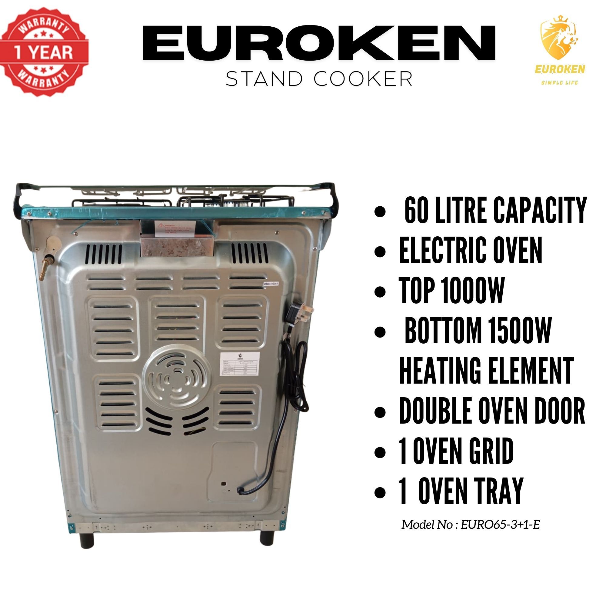 【LIMITED OFFER】 Euroken Euro65-3+1E-E  60l Home Improvement  Free Standing Cooker  3 Gas +1 Hotplate Kitchen Appliance With Electric Oven - 60x65cm
