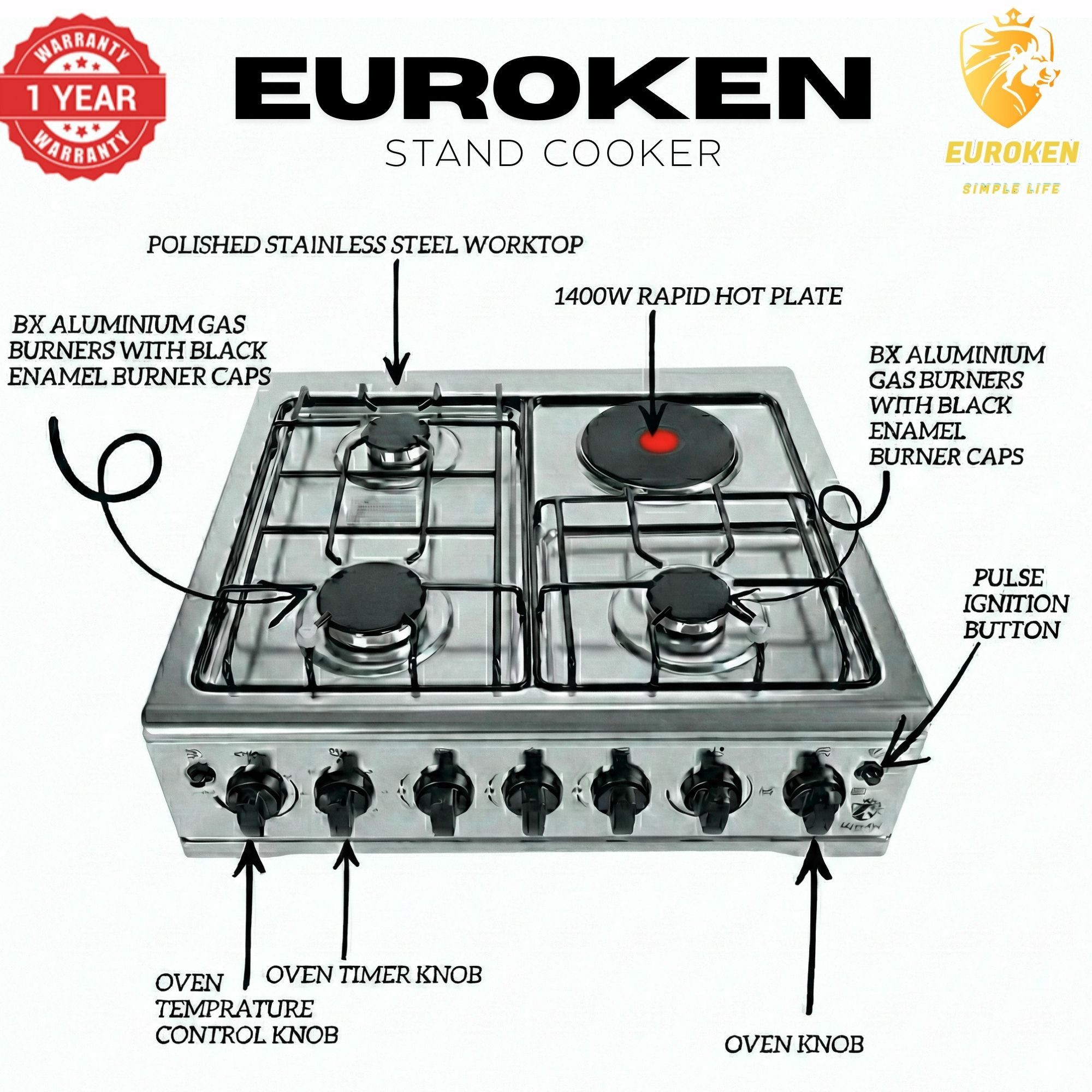 【LIMITED OFFER】 Euroken Euro65-3+1E-E  60l Home Improvement  Free Standing Cooker  3 Gas +1 Hotplate Kitchen Appliance With Electric Oven - 60x65cm