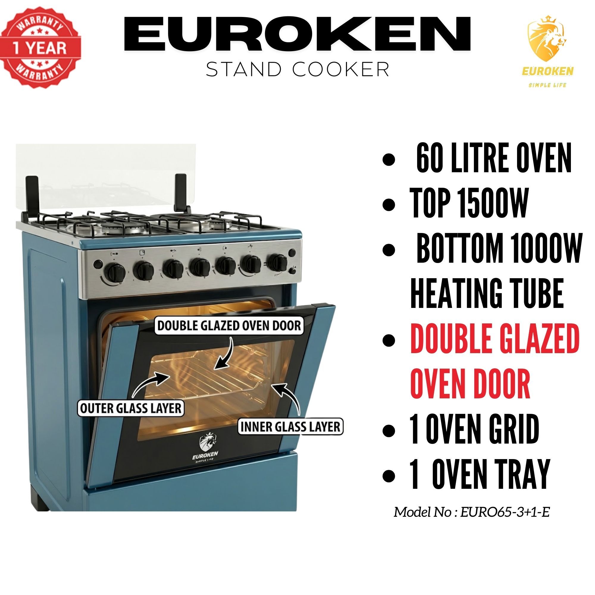 【LIMITED OFFER】 Euroken Euro65-3+1E-E  60l Home Improvement  Free Standing Cooker  3 Gas +1 Hotplate Kitchen Appliance With Electric Oven - 60x65cm