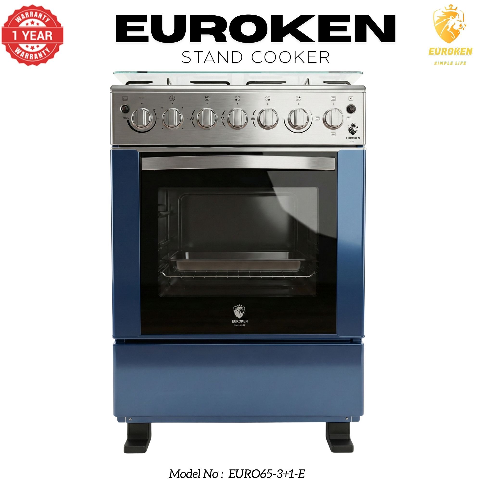 【LIMITED OFFER】 Euroken Euro65-3+1E-E  60l Home Improvement  Free Standing Cooker  3 Gas +1 Hotplate Kitchen Appliance With Electric Oven - 60x65cm