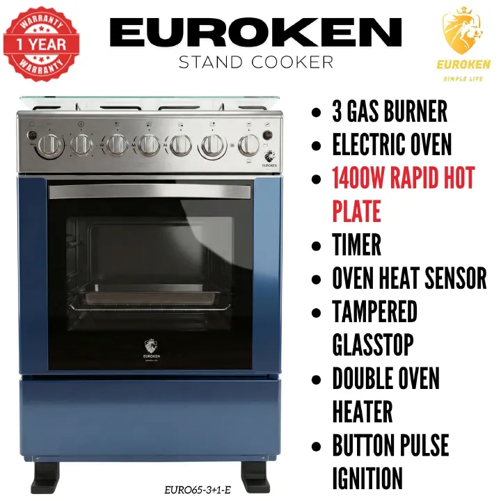 【LIMITED OFFER】 Euroken Euro65-3+1E-E  60l Home Improvement  Free Standing Cooker  3 Gas +1 Hotplate Kitchen Appliance With Electric Oven - 60x65cm