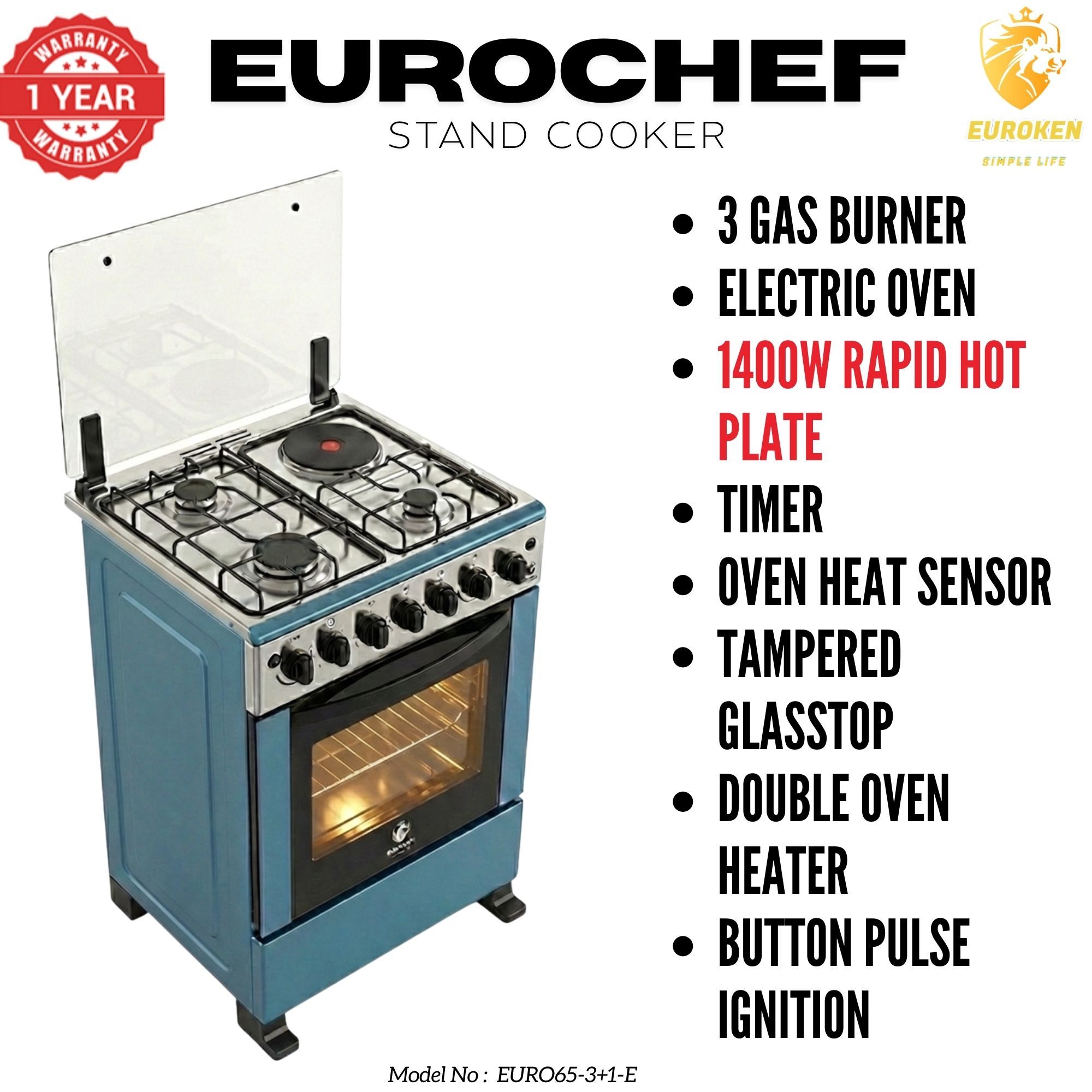 【LIMITED OFFER】 Euroken Euro65-3+1E-E  60l Home Improvement  Free Standing Cooker  3 Gas +1 Hotplate Kitchen Appliance With Electric Oven - 60x65cm
