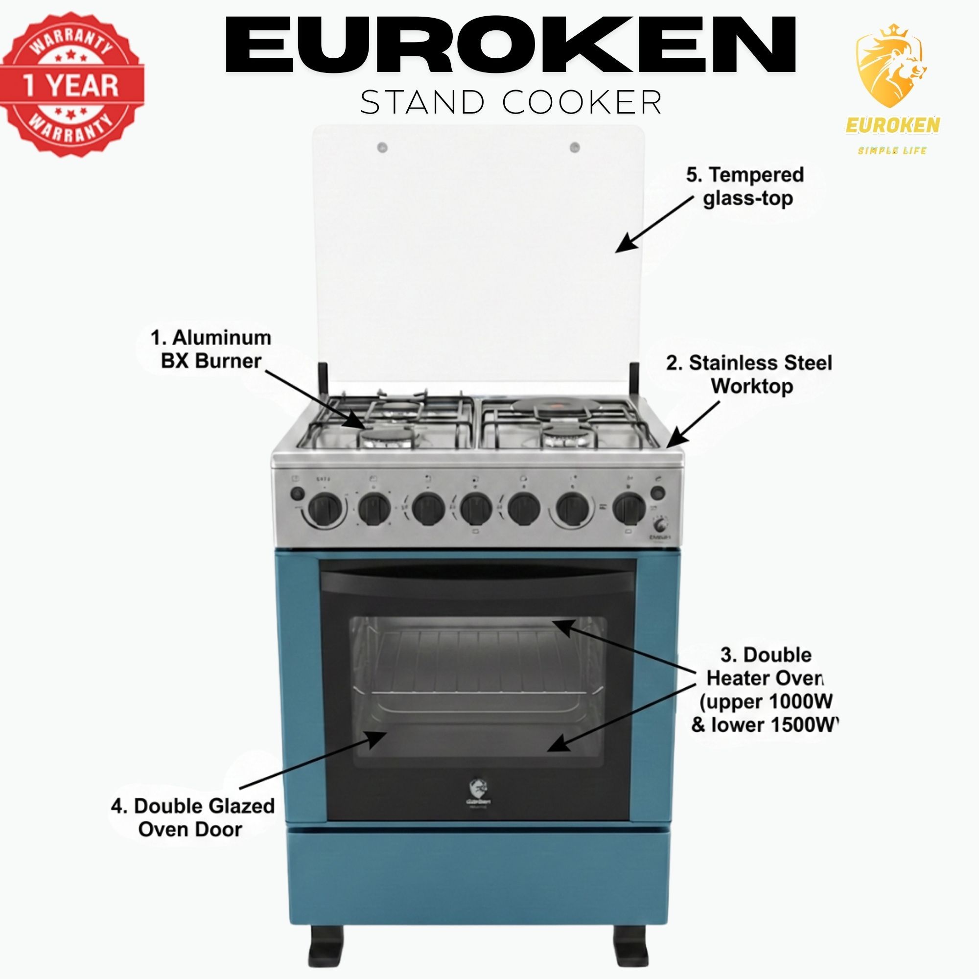 【LIMITED OFFER】 Euroken Euro65-3+1E-E  60l Home Improvement  Free Standing Cooker  3 Gas +1 Hotplate Kitchen Appliance With Electric Oven - 60x65cm