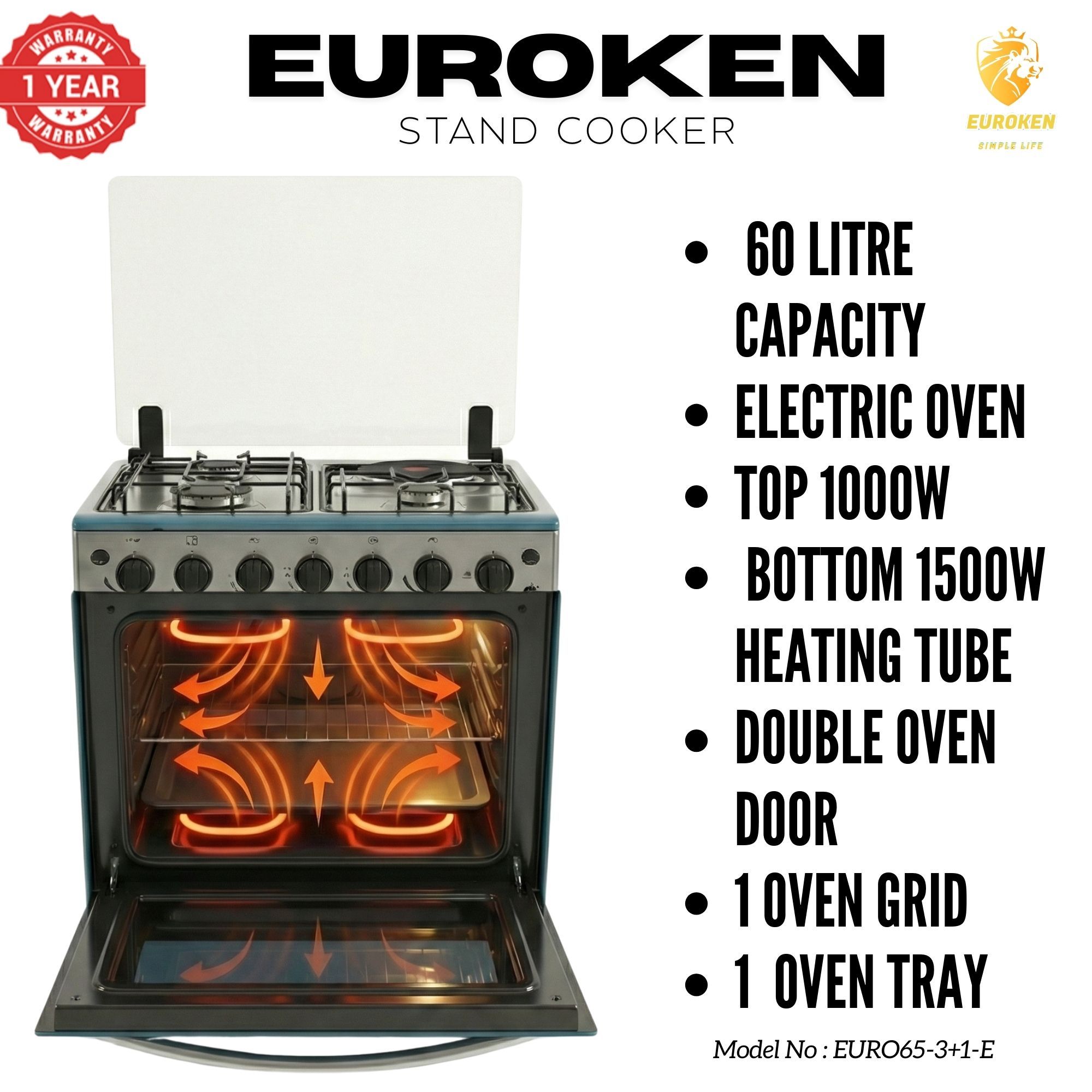 【LIMITED OFFER】 Euroken Euro65-3+1E-E  60l Home Improvement  Free Standing Cooker  3 Gas +1 Hotplate Kitchen Appliance With Electric Oven - 60x65cm