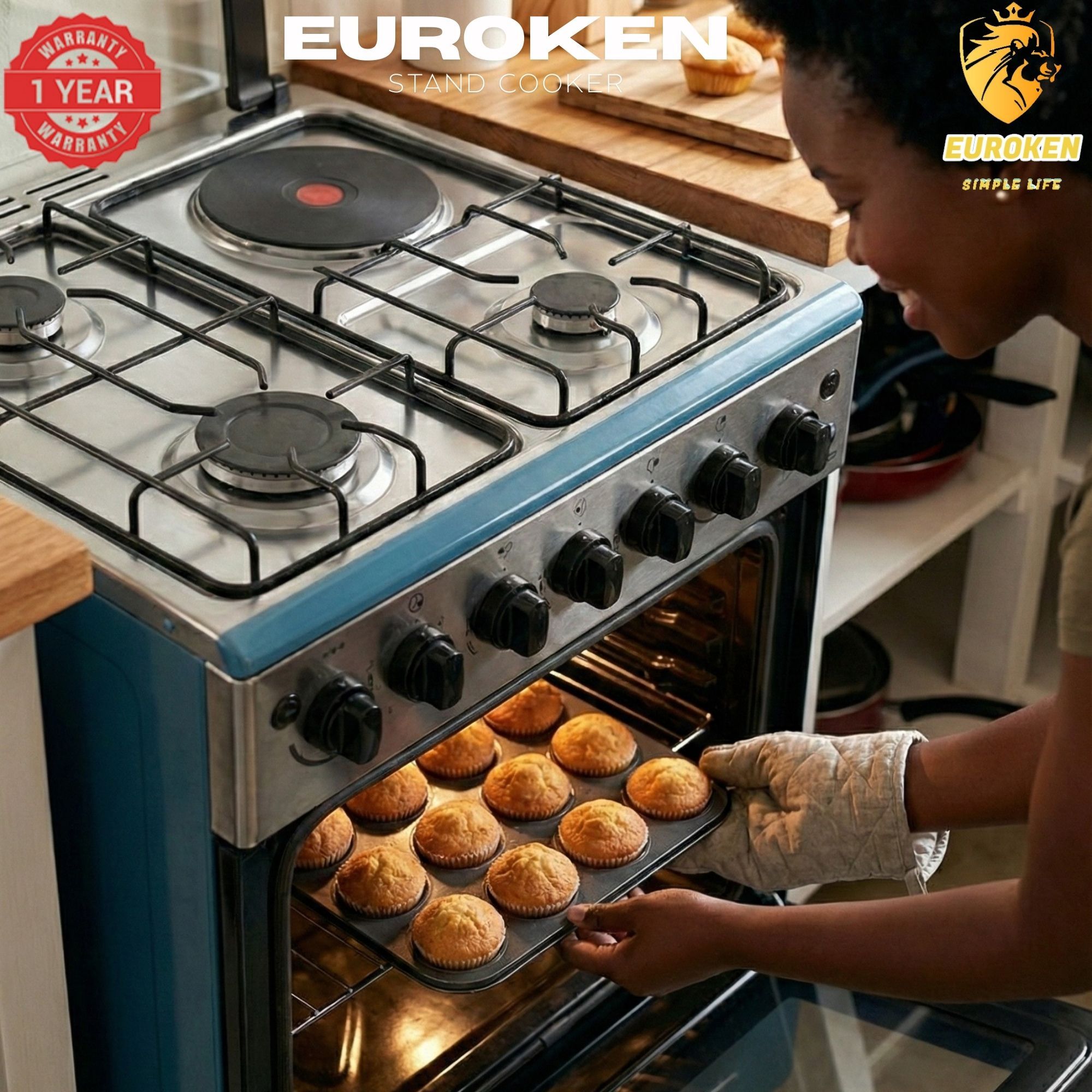 【LIMITED OFFER】 Euroken Euro65-3+1E-E  60l Home Improvement  Free Standing Cooker  3 Gas +1 Hotplate Kitchen Appliance With Electric Oven - 60x65cm