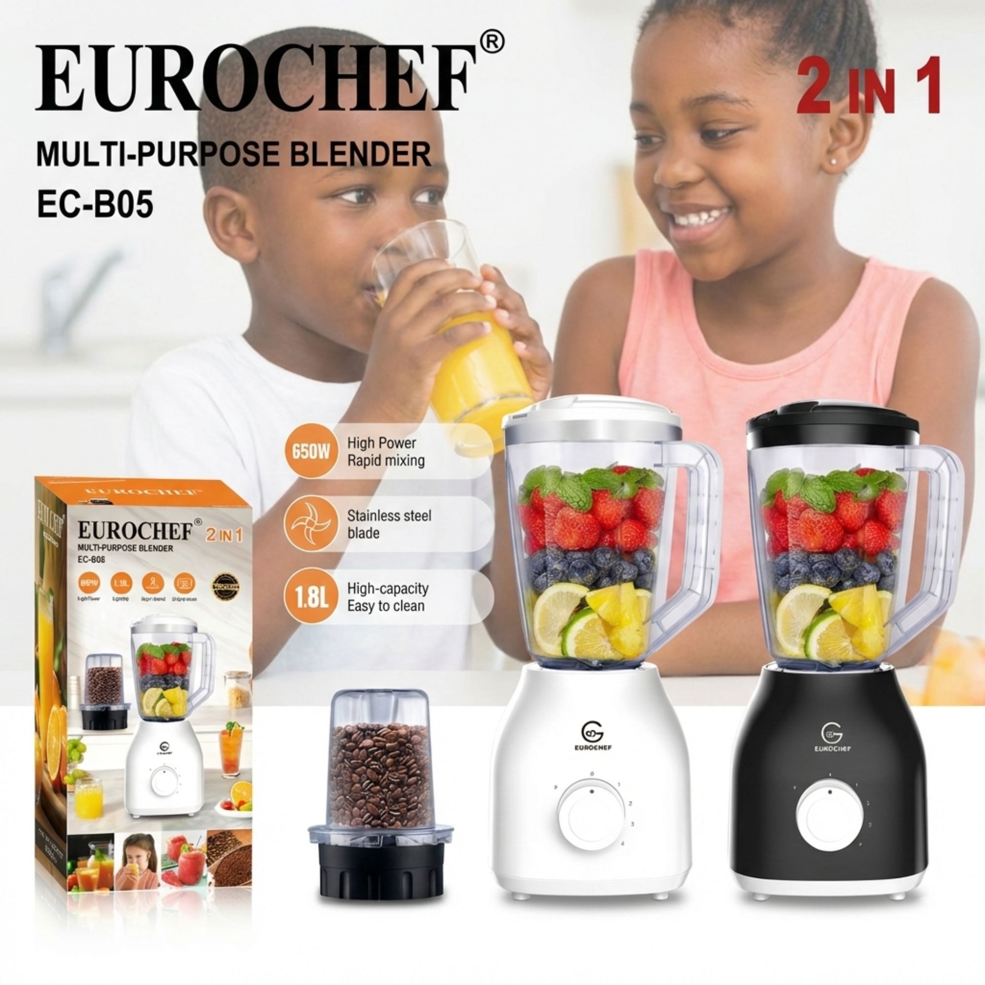 Eurochef 2-in-1 Blender & Grinder – 1.8L Unbreakable Jug, 4-Speed Pulse, 650W - white