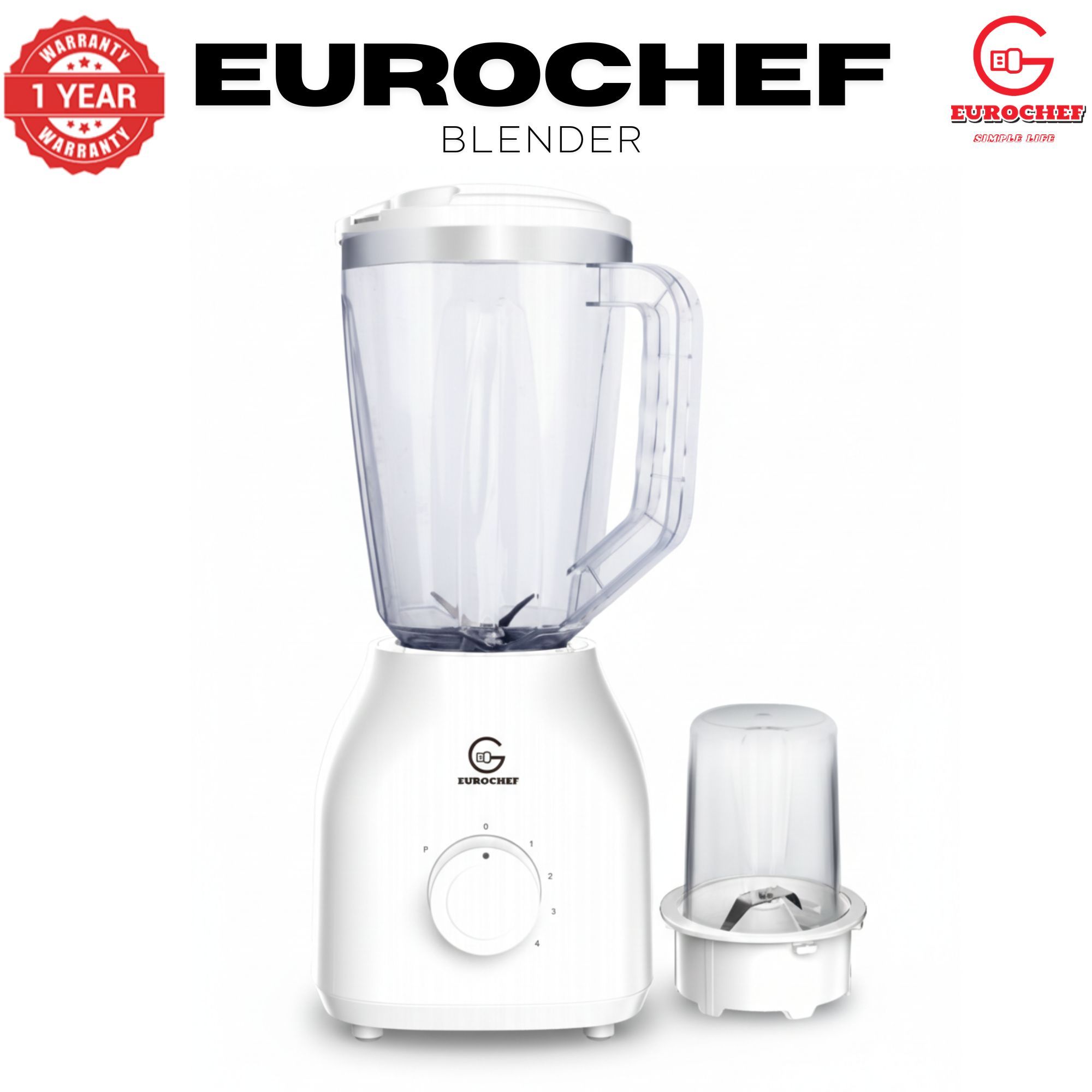 Eurochef 2-in-1 Blender & Grinder – 1.8L Unbreakable Jug, 4-Speed Pulse, 650W - white