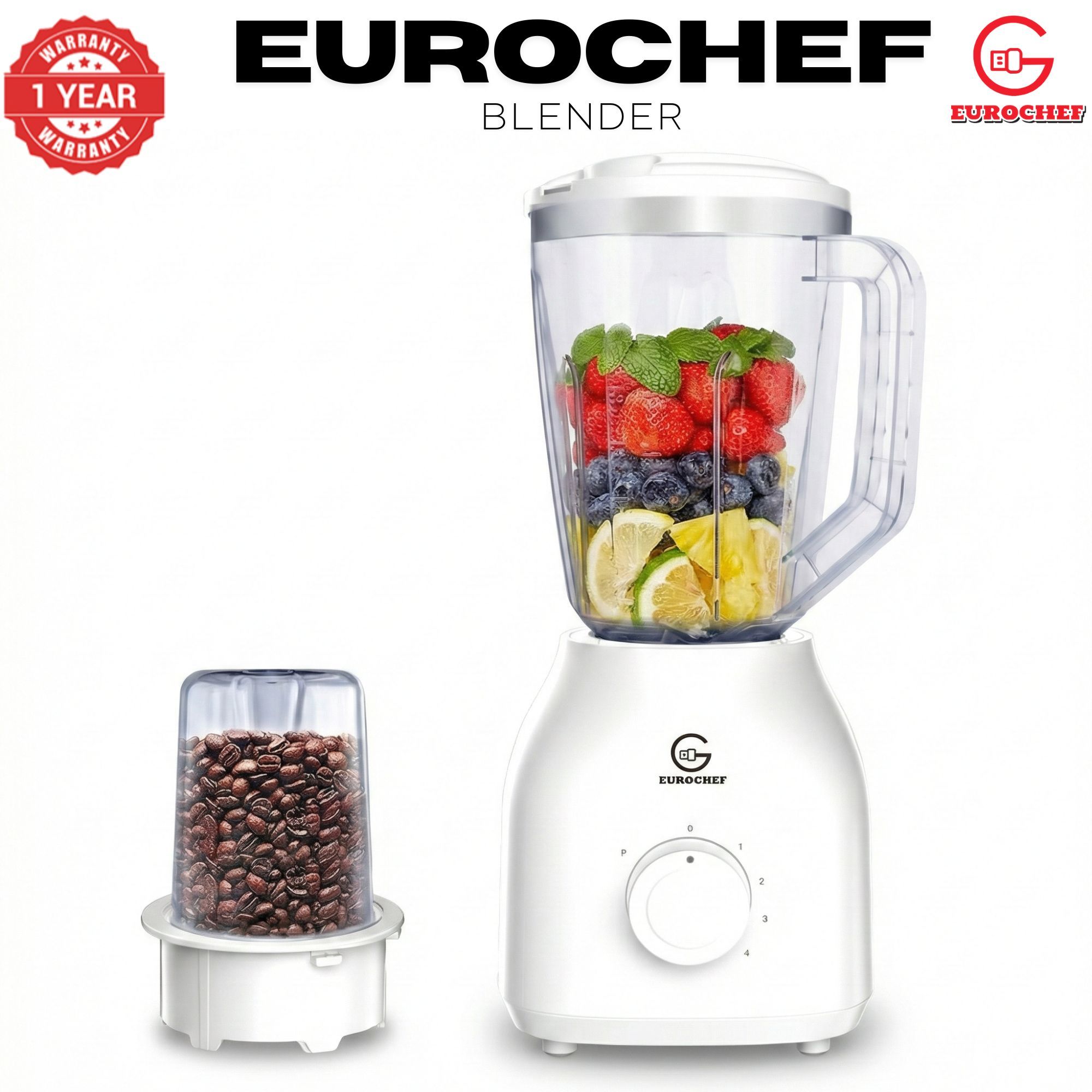Eurochef 2-in-1 Blender & Grinder – 1.8L Unbreakable Jug, 4-Speed Pulse, 650W - white