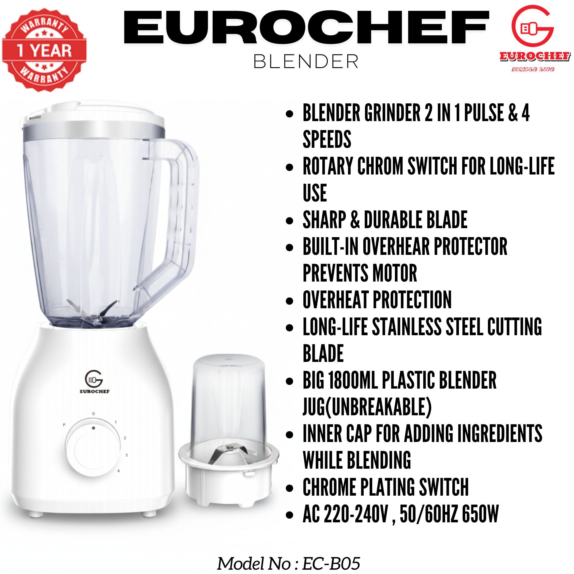 Eurochef 2-in-1 Blender & Grinder – 1.8L Unbreakable Jug, 4-Speed Pulse, 650W - white
