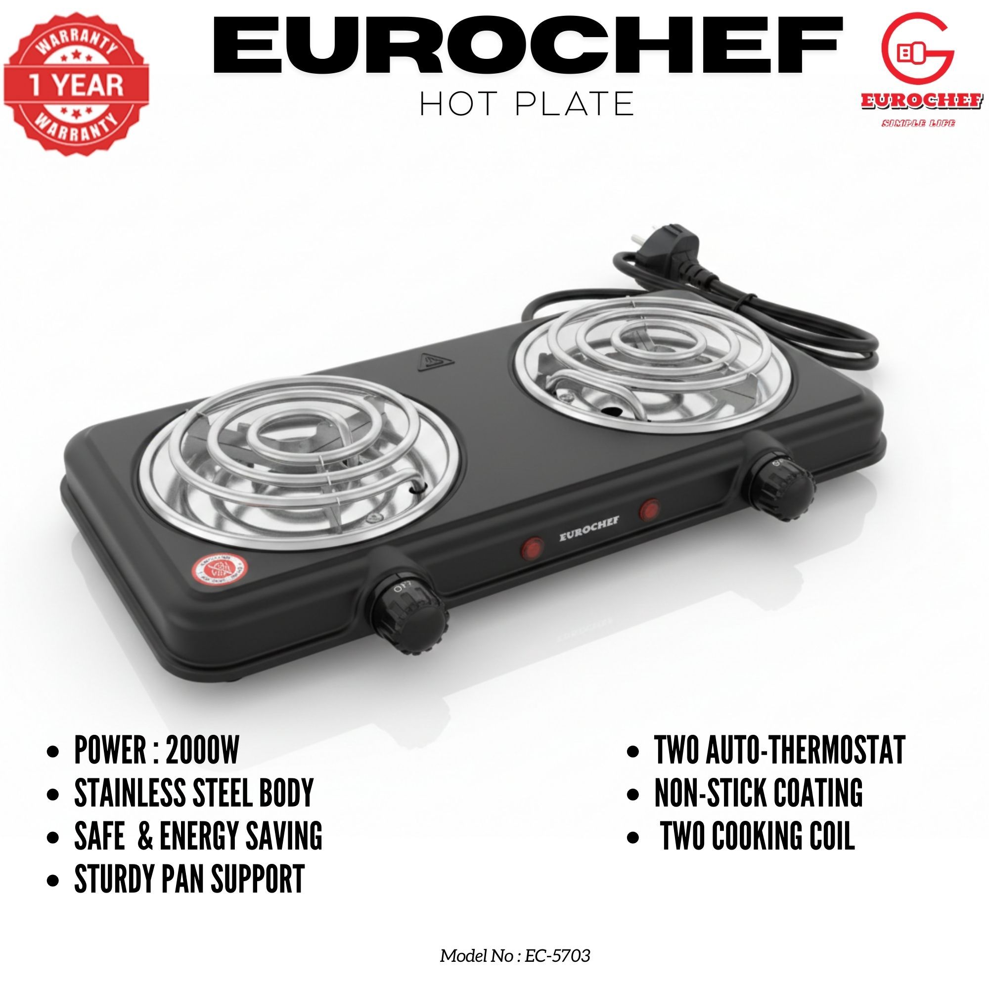 【Limited Offer】EUROCHEF Double Spiral Hot Plate Electric Cooker EC-5703: Compact and Powerful Cooking