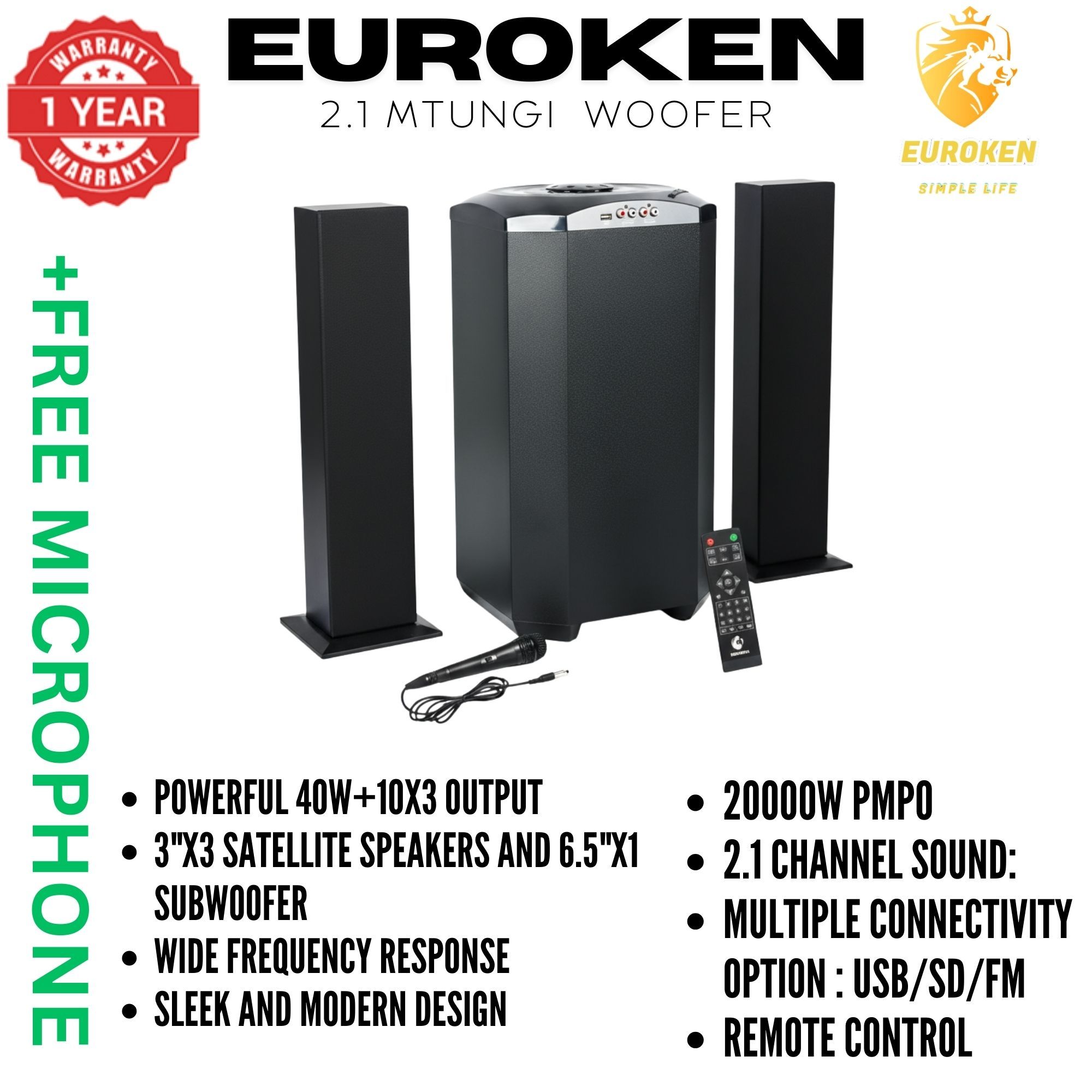 【Exclusive Offer】NEW EUROKEN MTUNGI EK-607 2.1CH With 20,000 PMPO MTUNGI Subwoofer Speaker  Home Theatre Audio System  With Remote Control BLUETOOTH/USB/SD/FM FREE MIC
