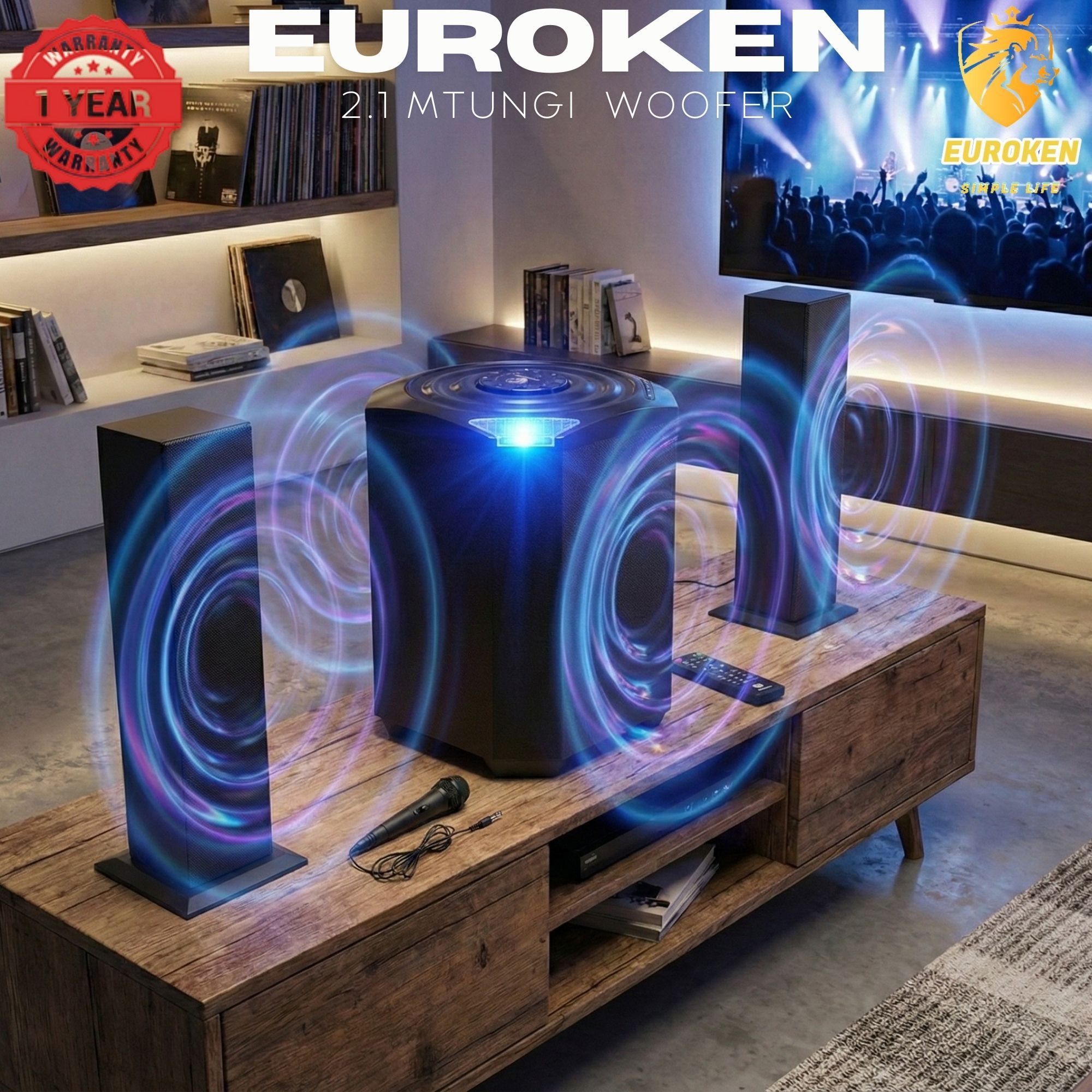 【Exclusive Offer】NEW EUROKEN MTUNGI EK-607 2.1CH With 20,000 PMPO MTUNGI Subwoofer Speaker  Home Theatre Audio System  With Remote Control BLUETOOTH/USB/SD/FM FREE MIC