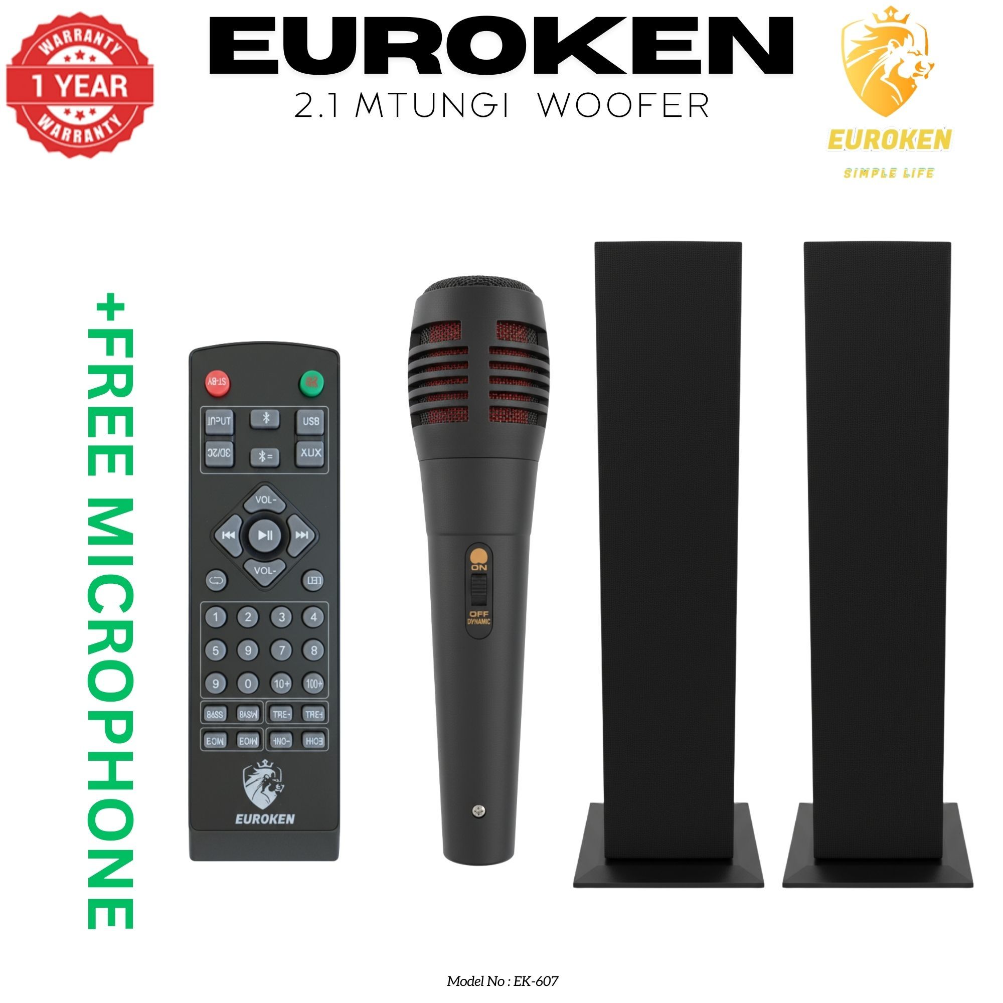 【Exclusive Offer】NEW EUROKEN MTUNGI EK-607 2.1CH With 20,000 PMPO MTUNGI Subwoofer Speaker  Home Theatre Audio System  With Remote Control BLUETOOTH/USB/SD/FM FREE MIC