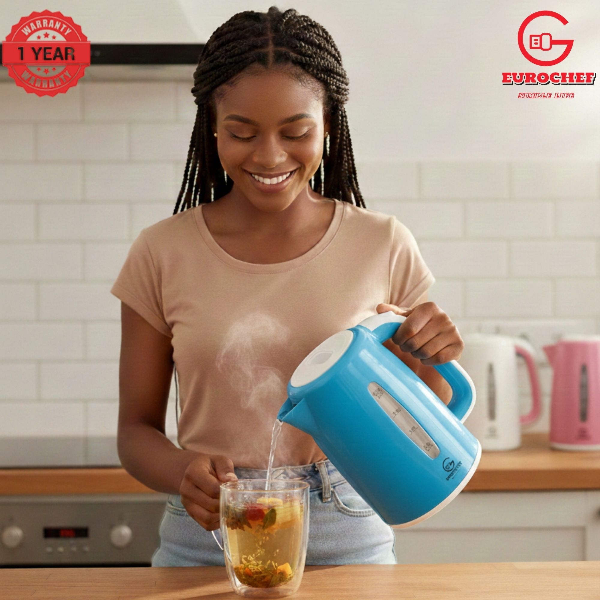 【Limited Offer】 EUROCHEF EC-K06 2.3L Plastic Electric Cordless Kettle Electric Jug for boiling water Kitchen Appliance(1 YR WARRANTY) -PINK BLUE WHITE