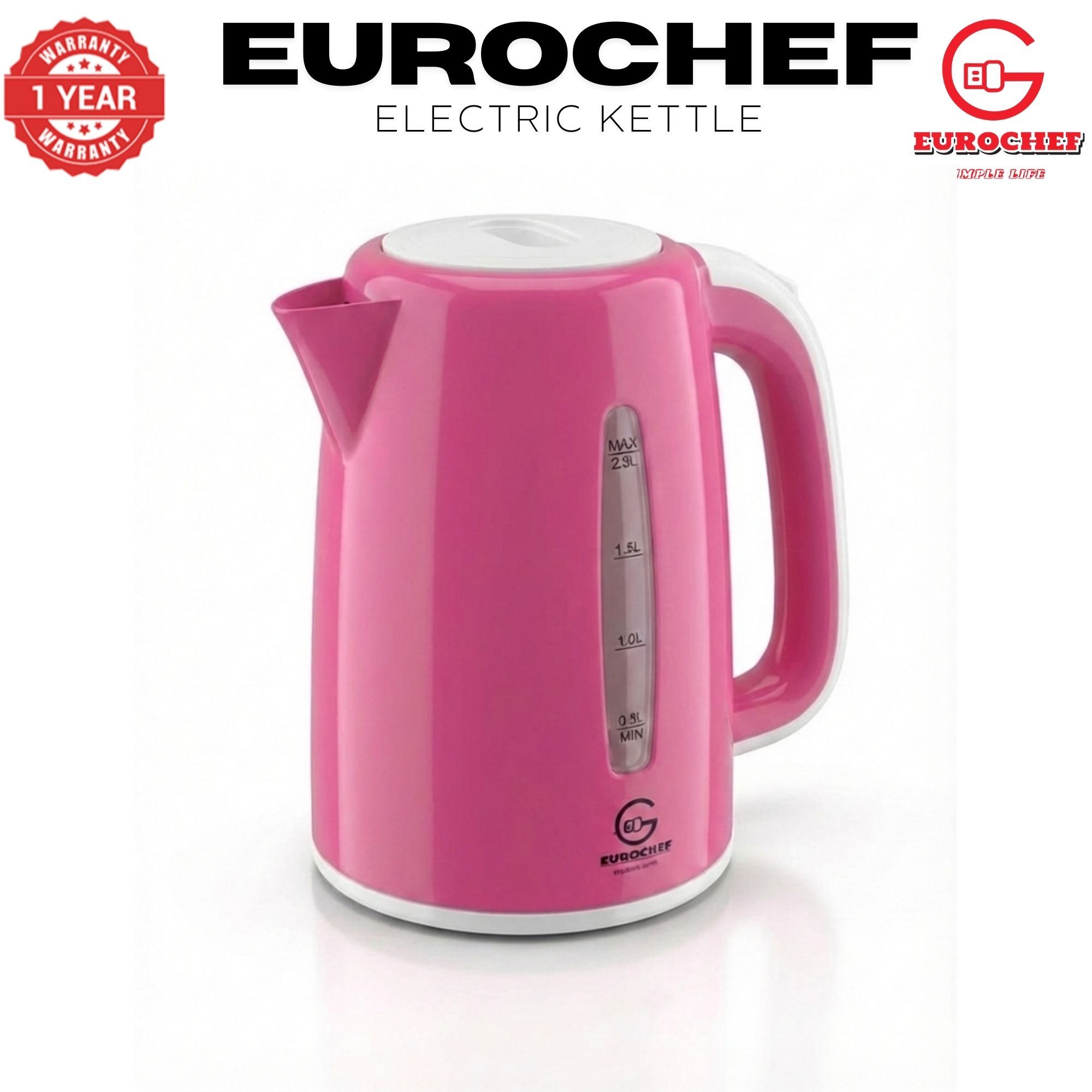 【Limited Offer】 EUROCHEF EC-K06 2.3L Plastic Electric Cordless Kettle Electric Jug for boiling water Kitchen Appliance(1 YR WARRANTY) -PINK BLUE WHITE