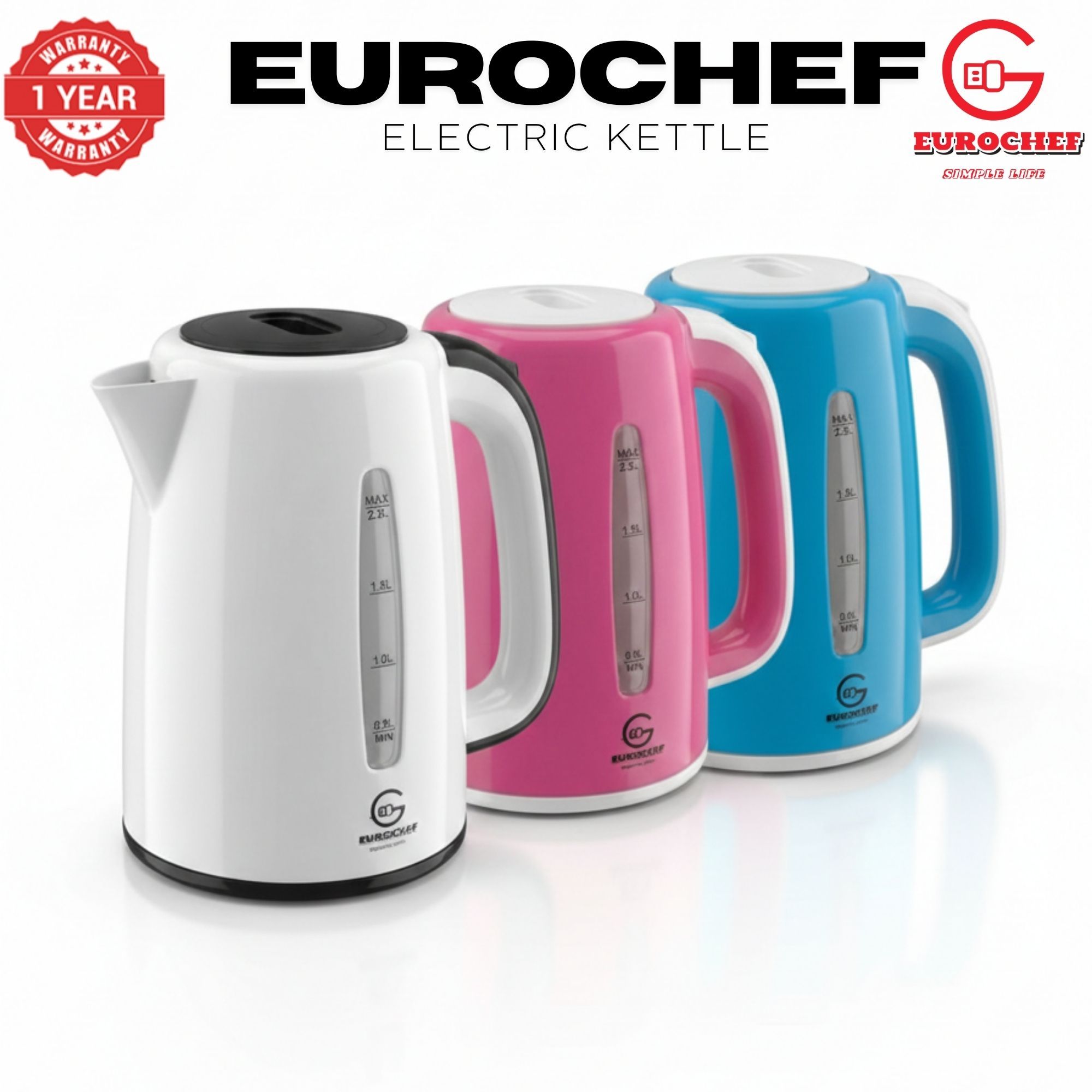 【Limited Offer】 EUROCHEF EC-K06 2.3L Plastic Electric Cordless Kettle Electric Jug for boiling water Kitchen Appliance(1 YR WARRANTY) -PINK BLUE WHITE