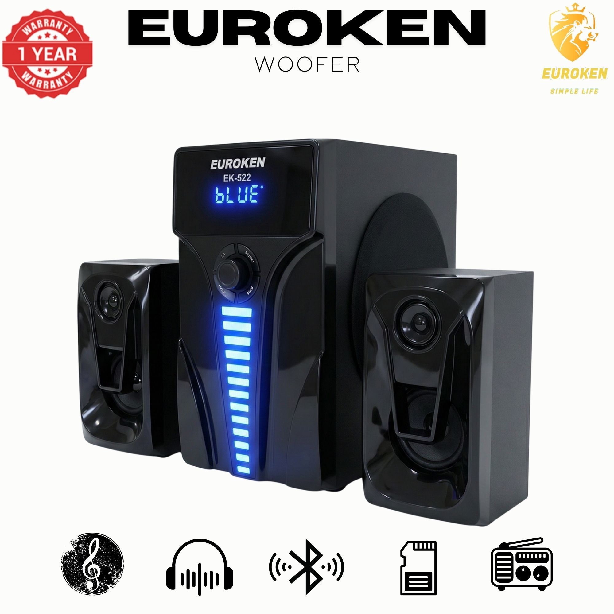 【Exclusive Offer】 Euroken EK-522 2.1CH Subwoofer Speaker 1200W PMPO Woofer Home Theatre Audio Speaker System BLUETOOTH/FM/SD/USB With Remote Control