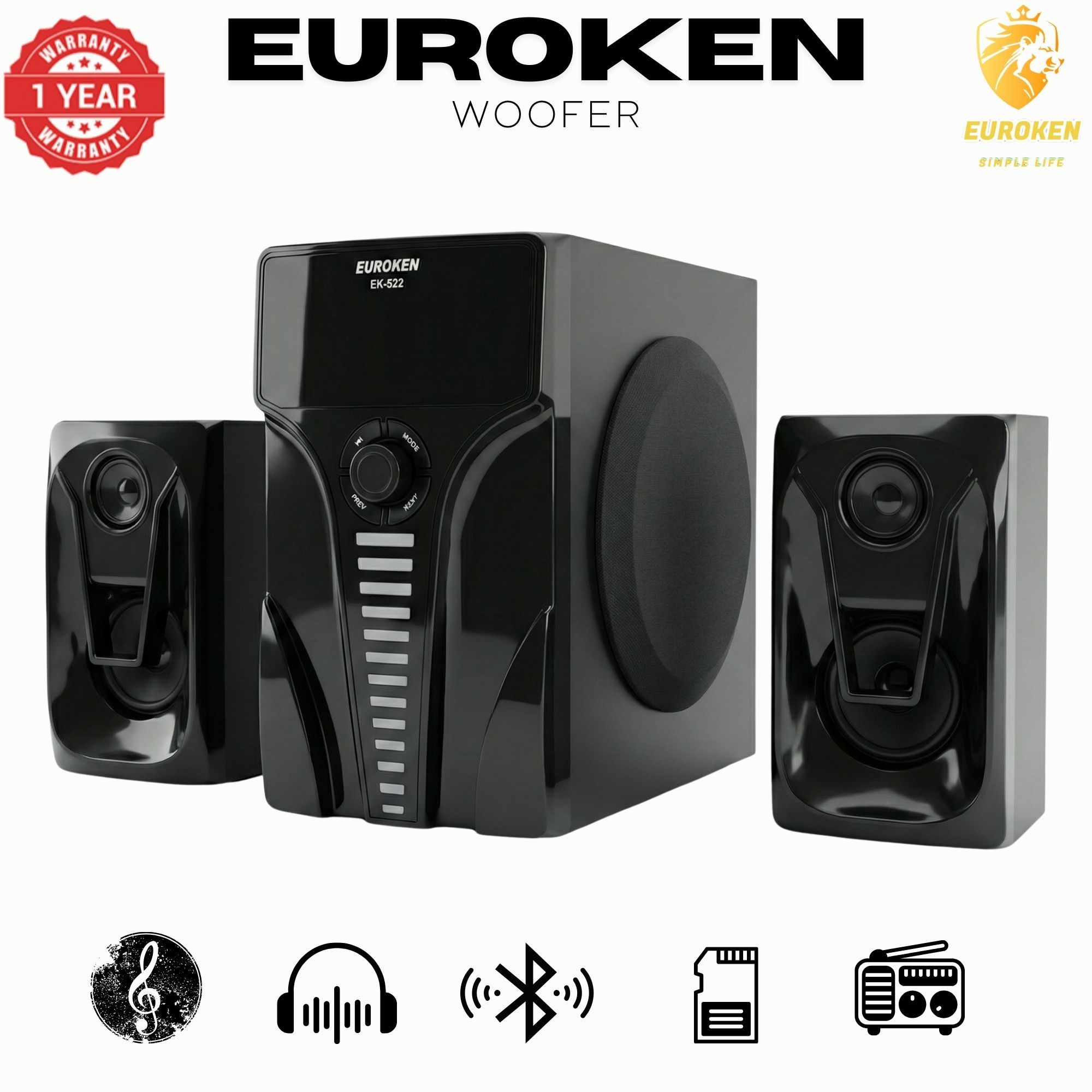 【Exclusive Offer】 Euroken EK-522 2.1CH Subwoofer Speaker 1200W PMPO Woofer Home Theatre Audio Speaker System BLUETOOTH/FM/SD/USB With Remote Control