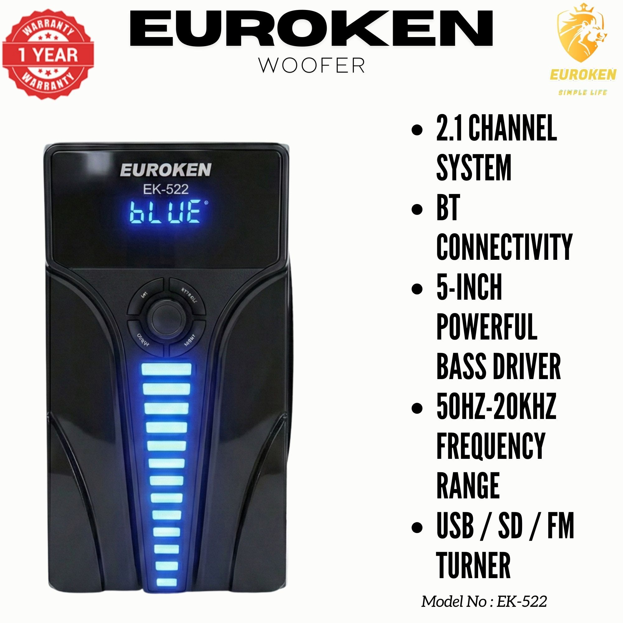 【Exclusive Offer】 Euroken EK-522 2.1CH Subwoofer Speaker 1200W PMPO Woofer Home Theatre Audio Speaker System BLUETOOTH/FM/SD/USB With Remote Control