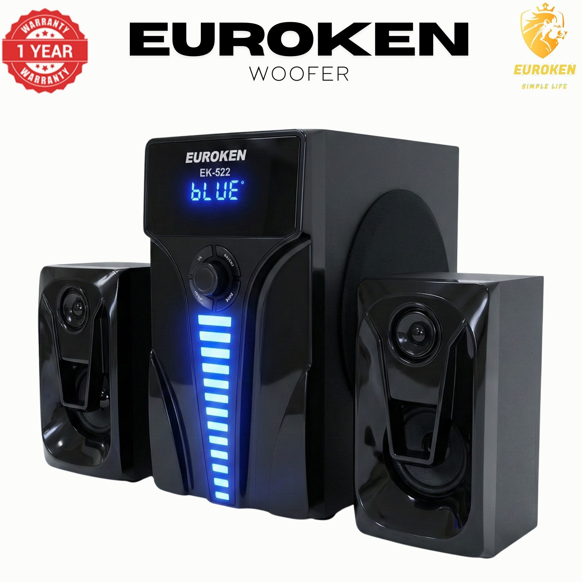 【Exclusive Offer】 Euroken EK-522 2.1CH Subwoofer Speaker 1200W PMPO Woofer Home Theatre Audio Speaker System BLUETOOTH/FM/SD/USB With Remote Control