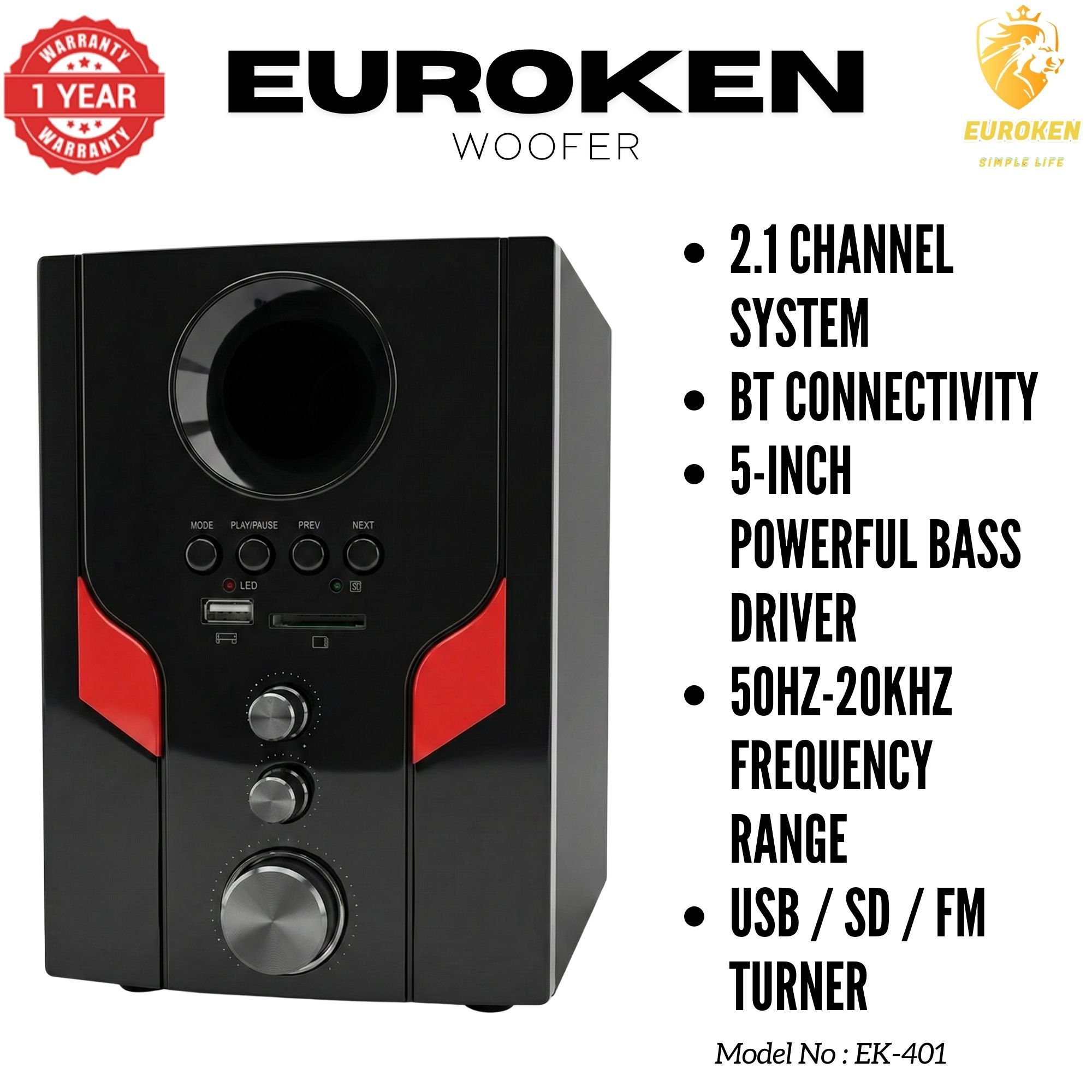 【Exclusive Offer】 Euroken EK-401 2.1CH Subwoofer Speaker 1000W PMPO Woofer Home Theatre Audio Speaker System BLUETOOTH/FM/SD/USB With Remote Control