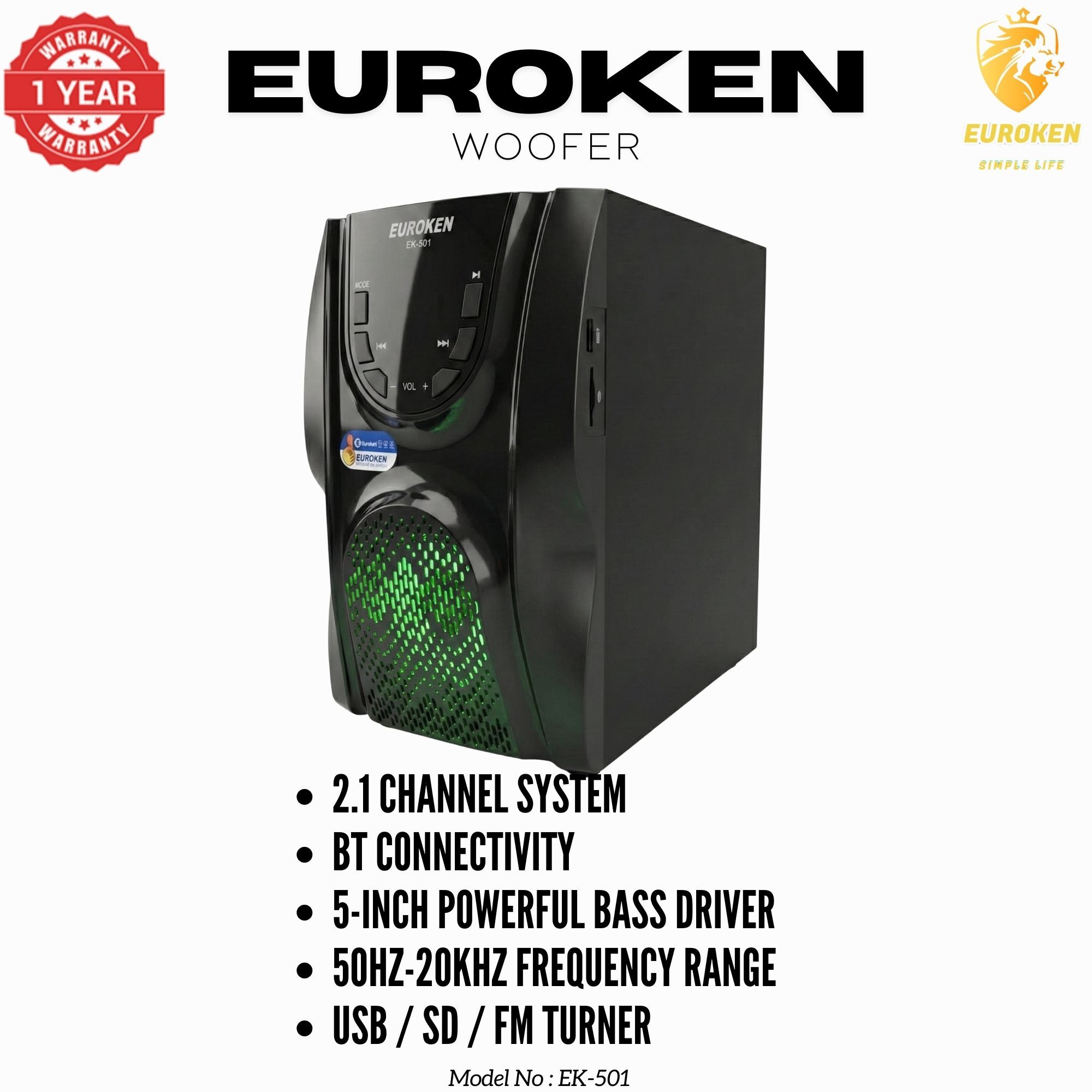 【Exclusive Offer】 Euroken EK-501 2.1CH Subwoofer Speaker 1200W PMPO Woofer Home Theatre Audio Speaker System BLUETOOTH/FM/SD/USB With Remote Control