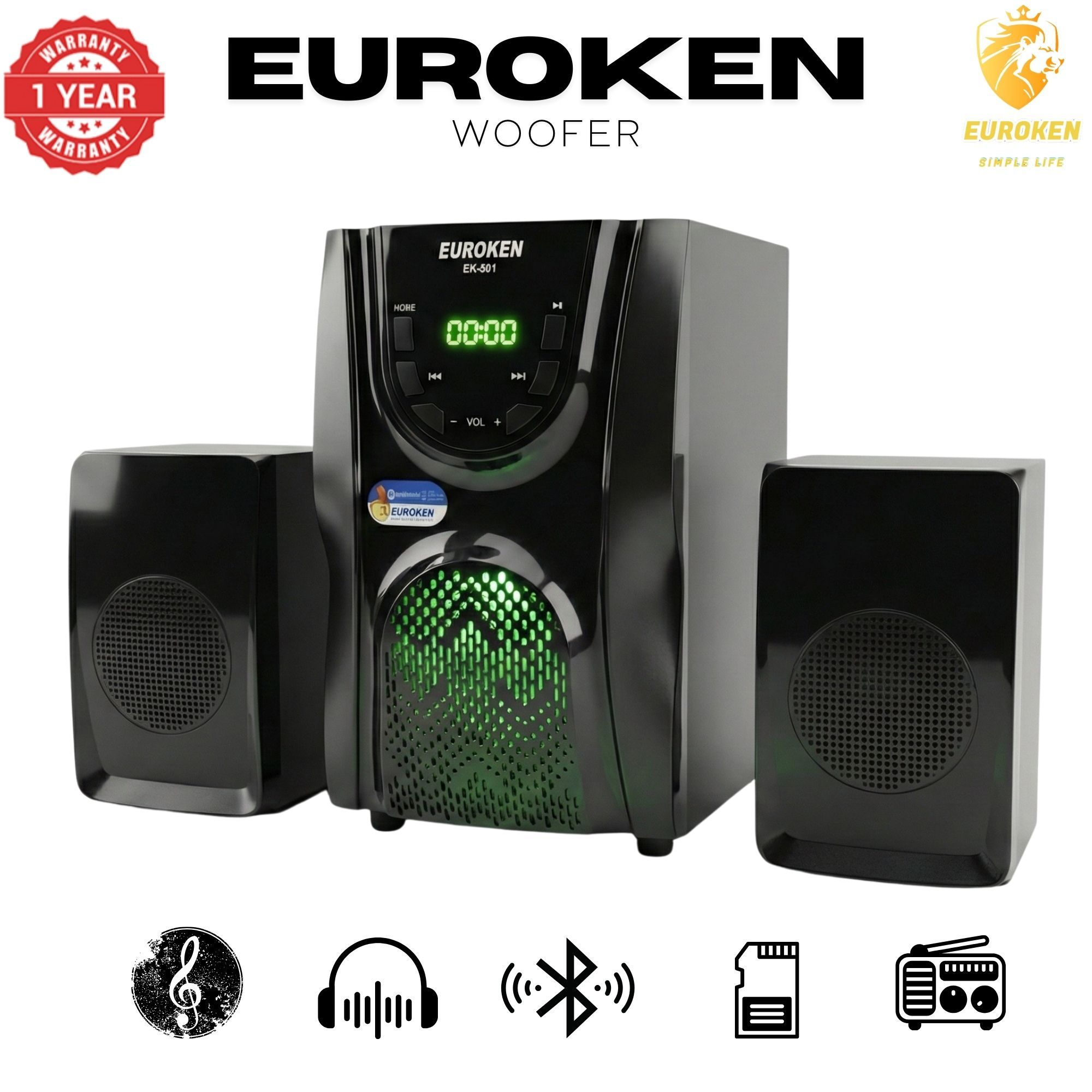 【Exclusive Offer】 Euroken EK-501 2.1CH Subwoofer Speaker 1200W PMPO Woofer Home Theatre Audio Speaker System BLUETOOTH/FM/SD/USB With Remote Control