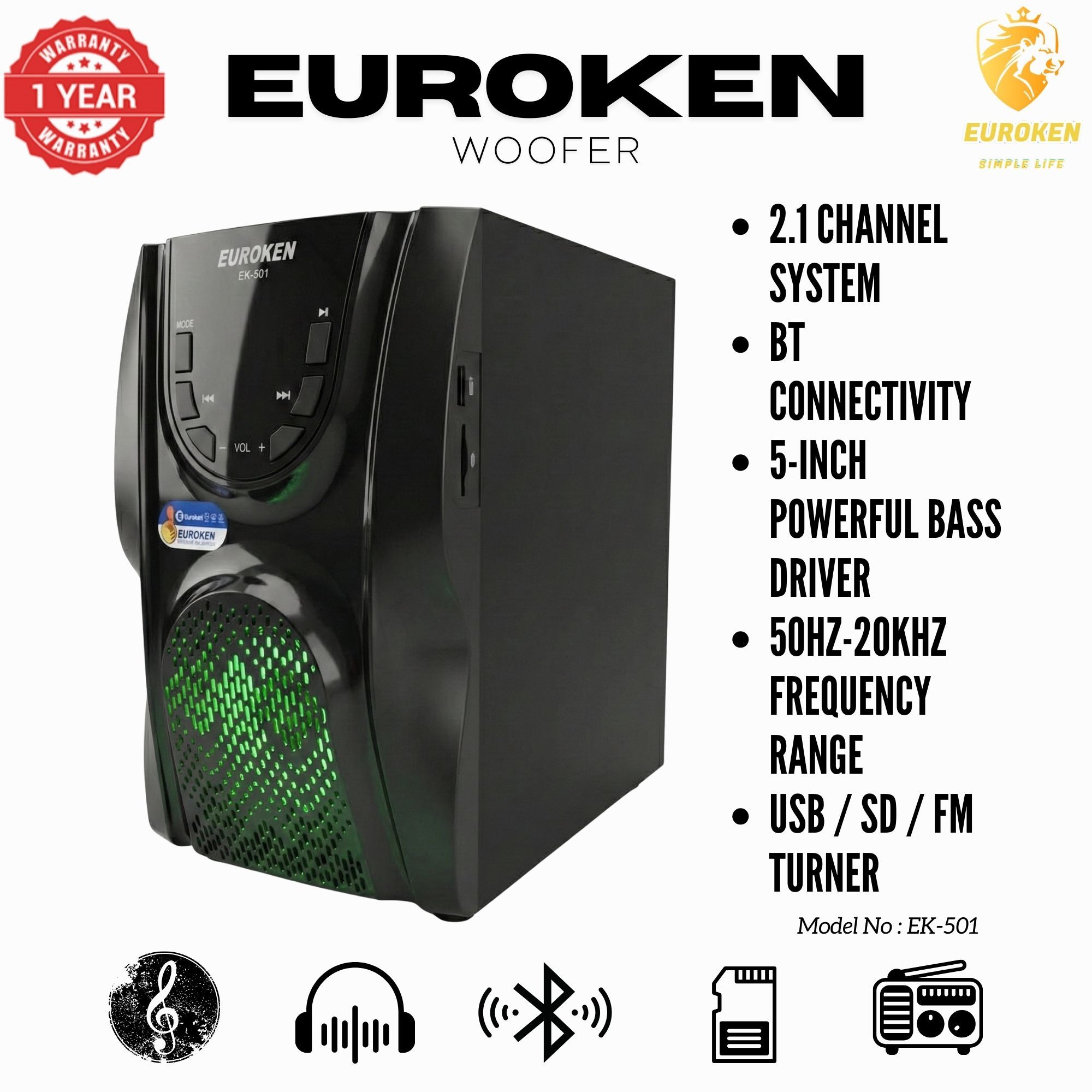【Exclusive Offer】 Euroken EK-521 2.1CH Subwoofer Speaker 1200W PMPO Woofer Home Theatre Audio Speaker System BLUETOOTH/FM/SD/USB With Remote Control